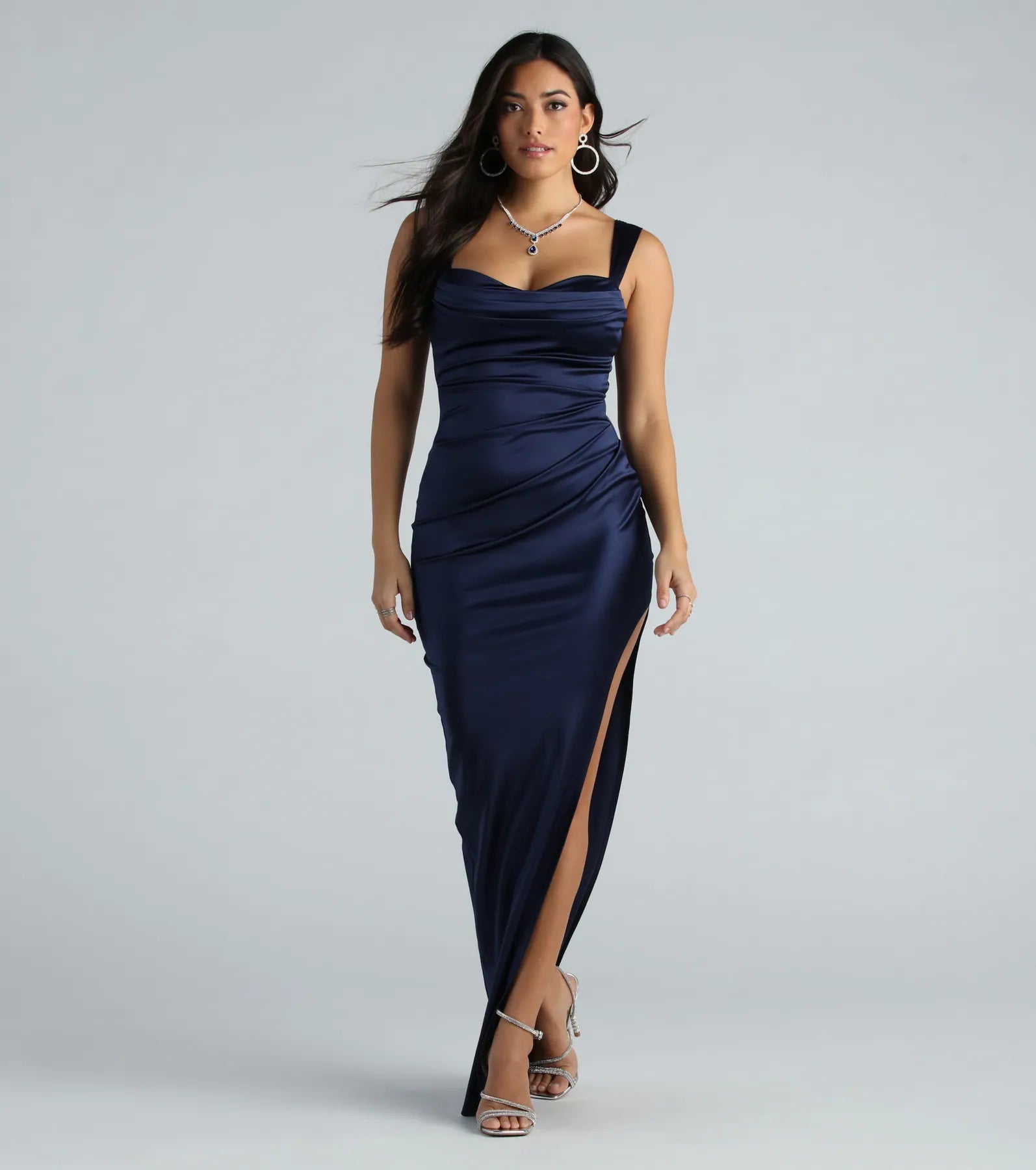 Kirsten Satin Cowl Neck High Slit Formal Dress