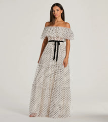 Aria Ruffled Off-The-Shoulder Polka Dot Mesh Formal Dress