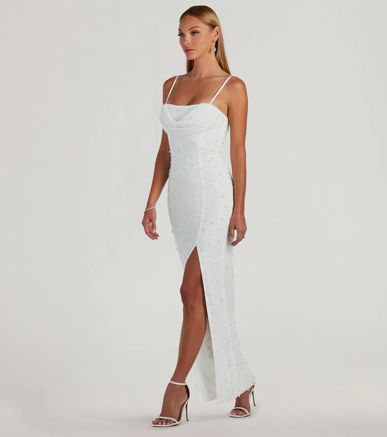 Klara Cowl Neck Faux Pearl Bead Column Dress