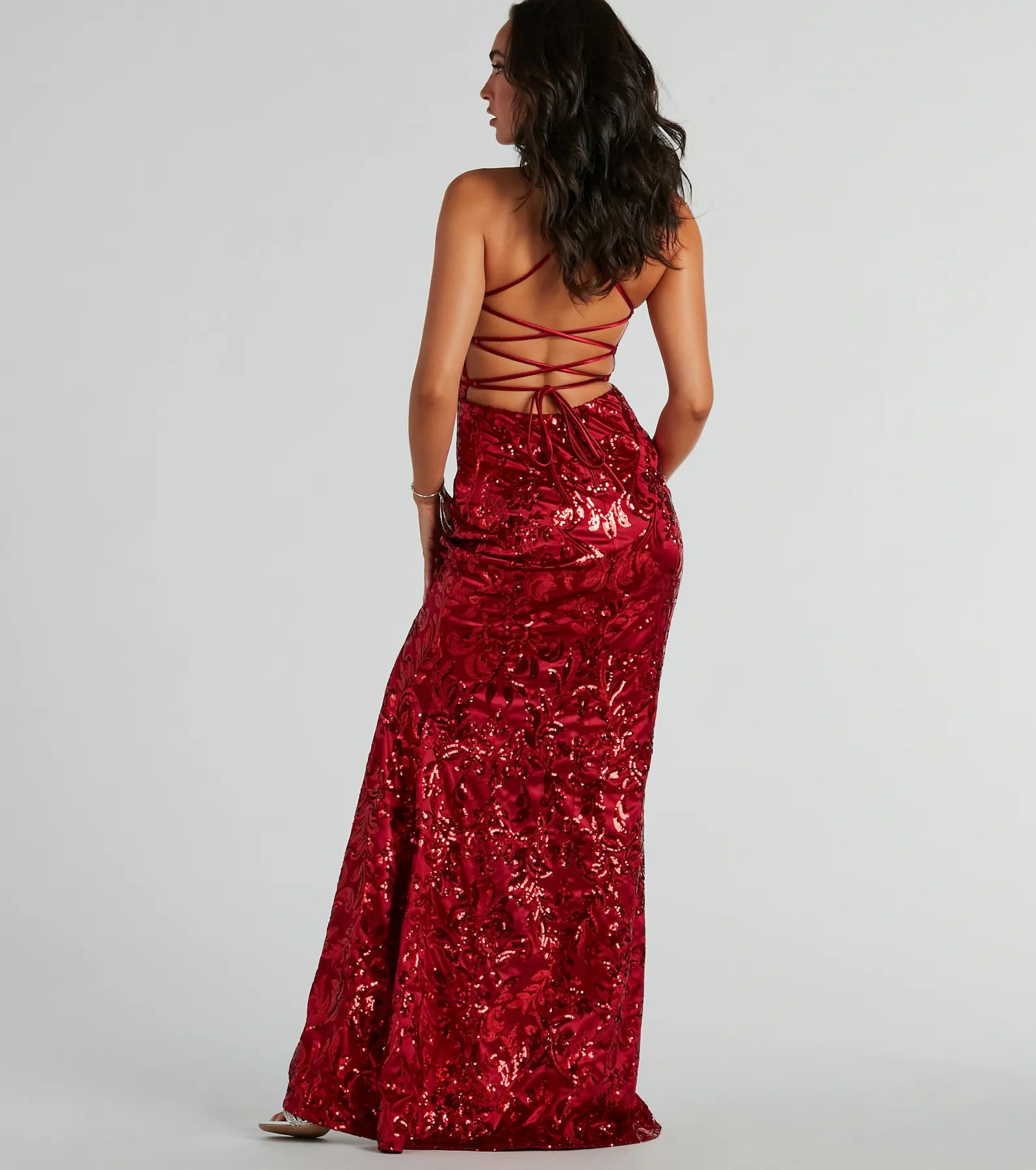 Marisol Lace-Up Column Sequin Satin Formal Dress