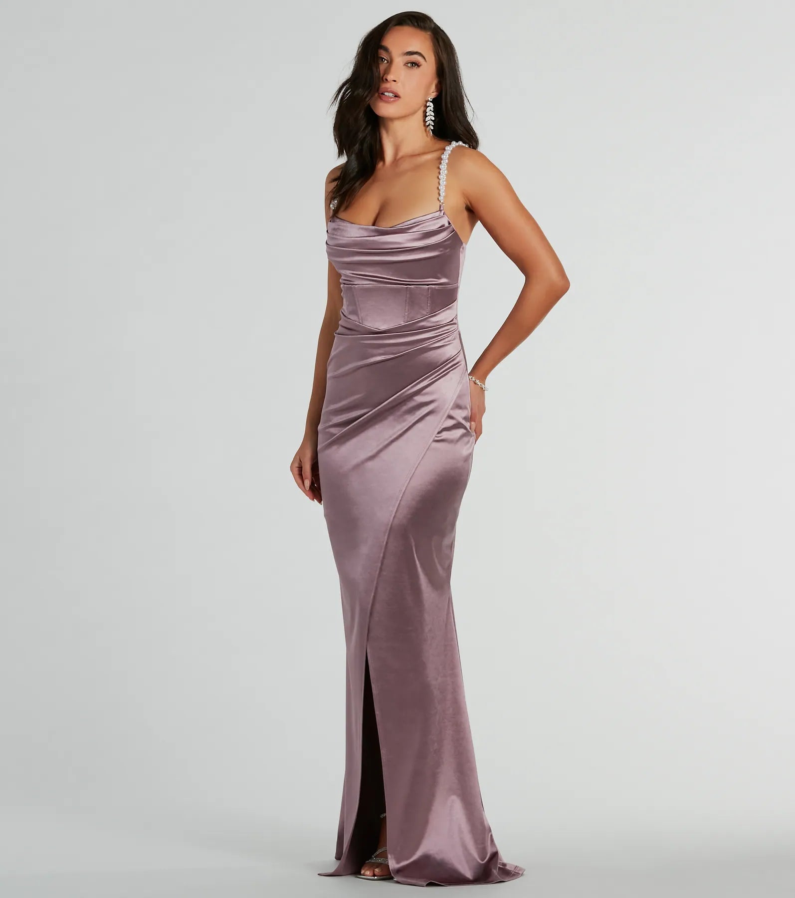 Sam Faux Pearl Strap Mermaid Satin Formal Dress
