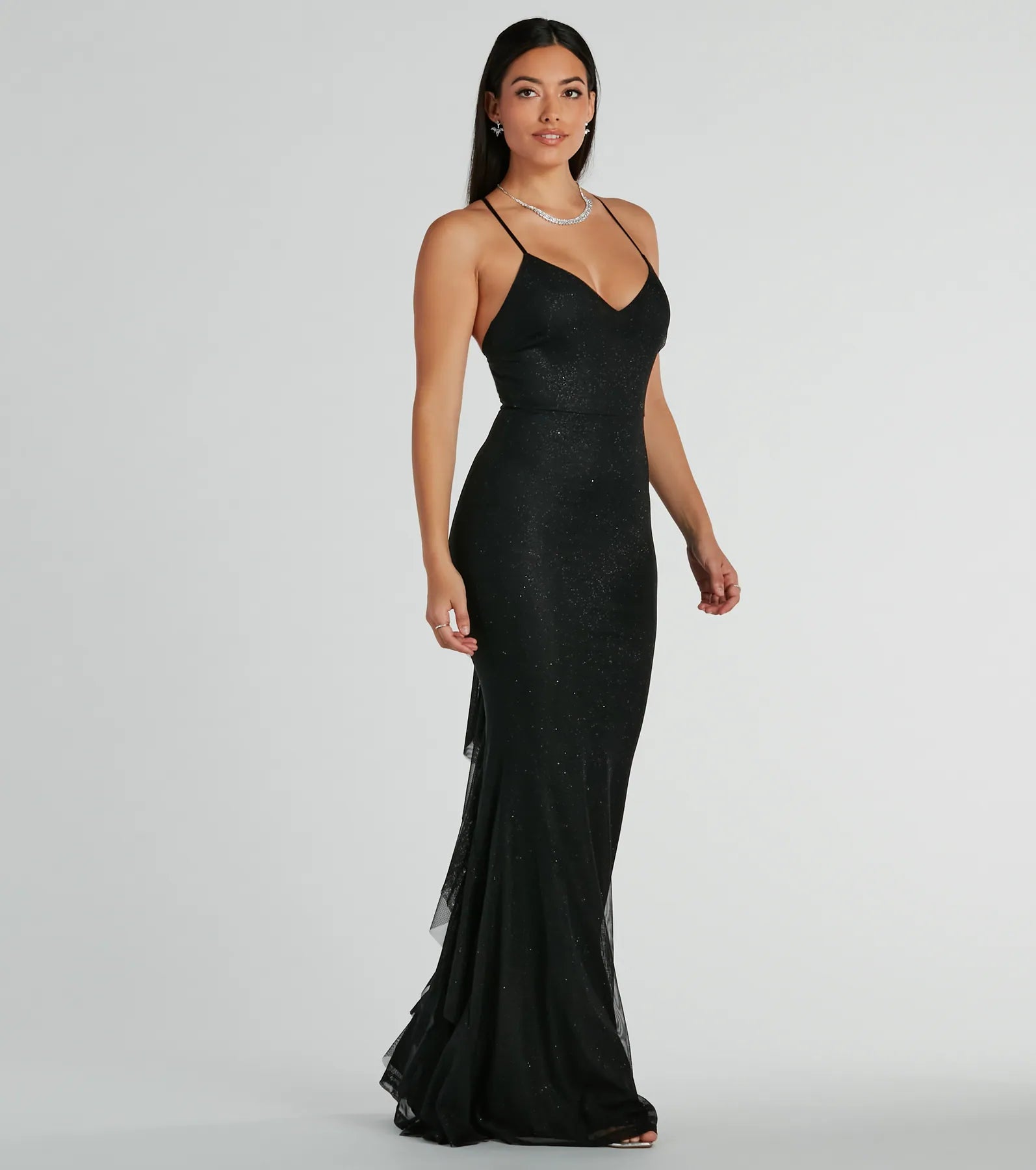 Elowyn Ruffle-Back Glitter Mesh Mermaid Dress