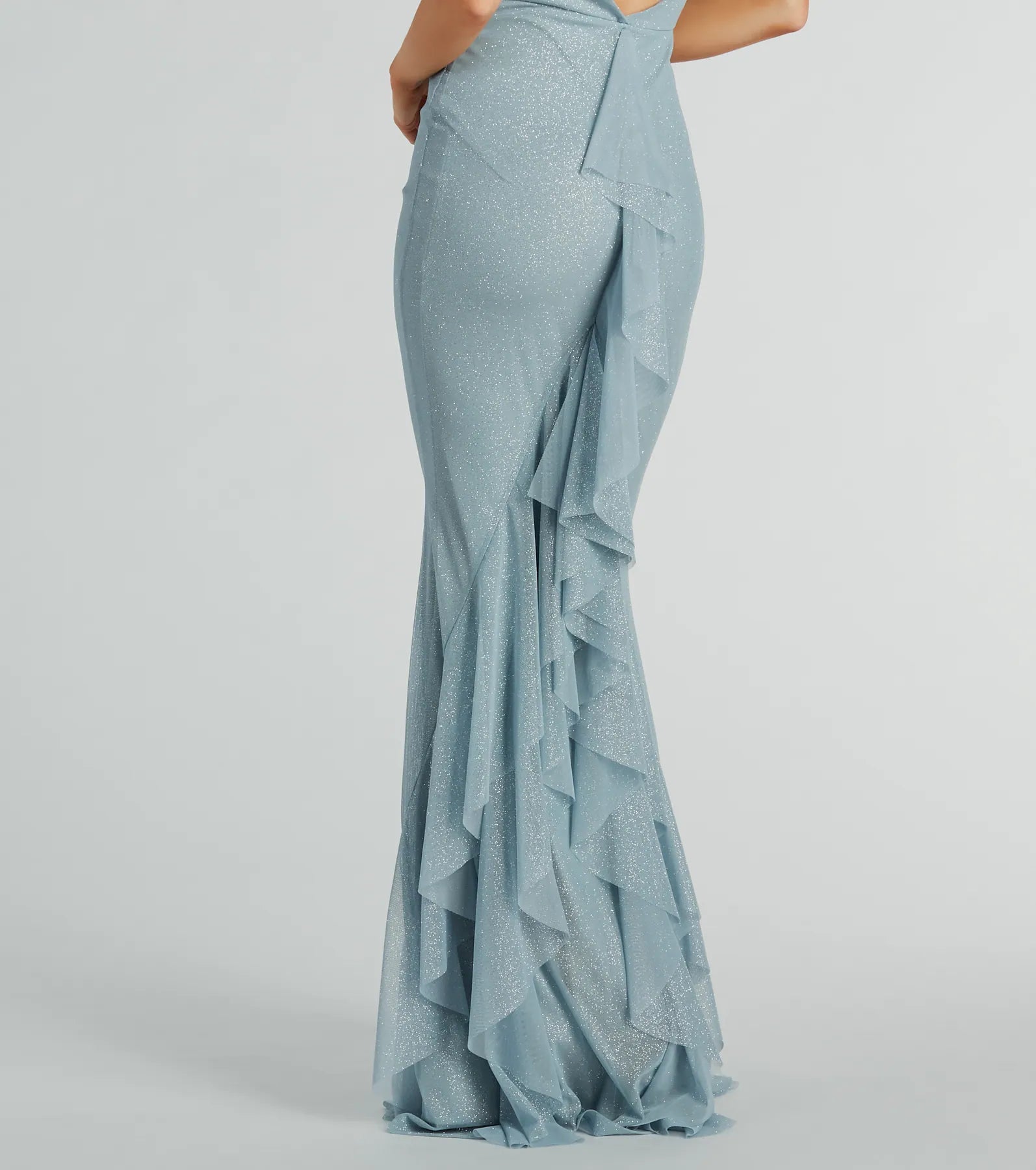 Elowyn Ruffle-Back Glitter Mesh Mermaid Dress
