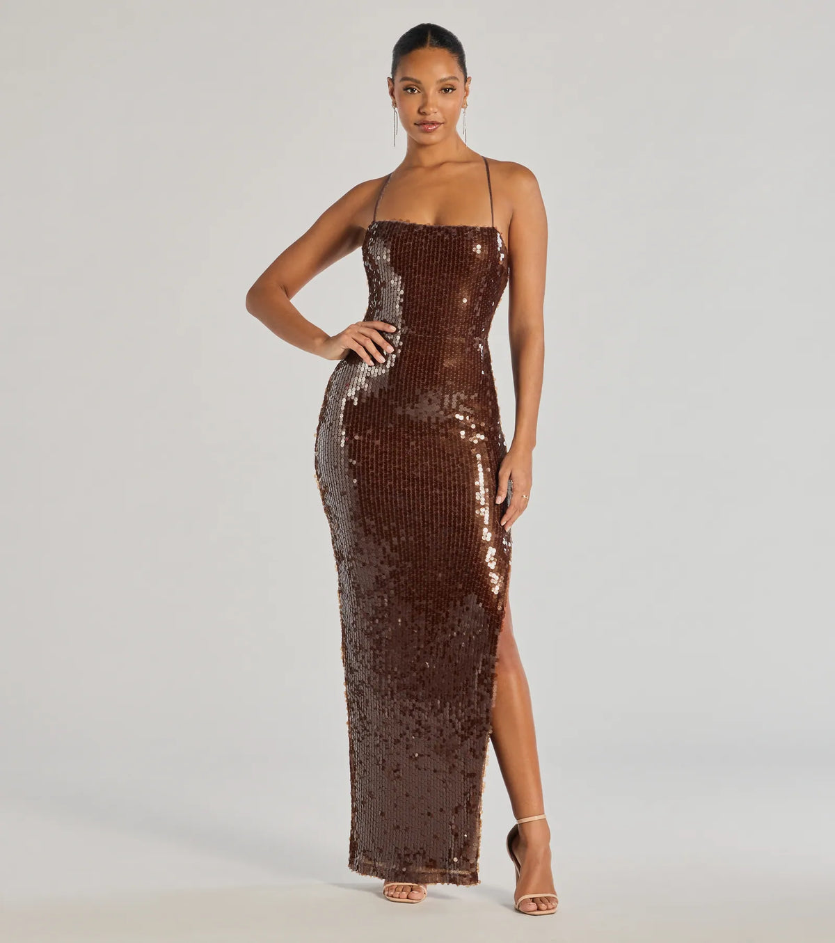 Naya Lace-Up High Slit Sequin Column Dress