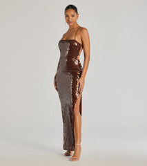 Naya Lace-Up High Slit Sequin Column Dress