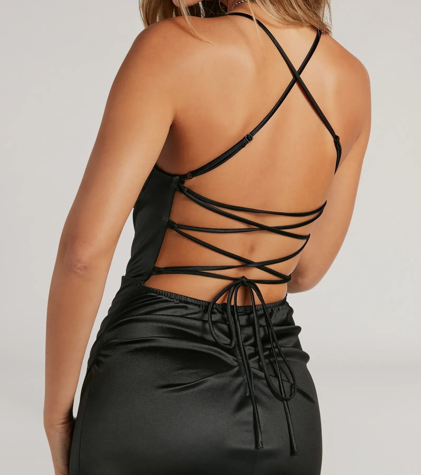 Melinda Satin Lace-Up Formal Dress