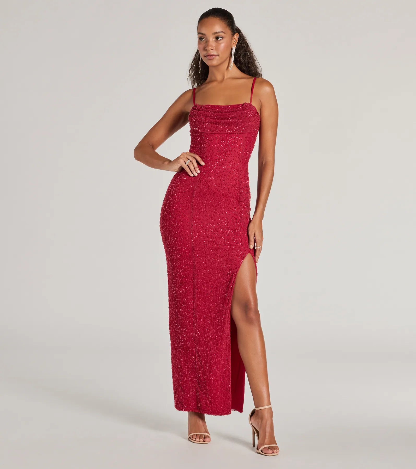 Klara Cowl Neck Faux Pearl Bead Column Dress