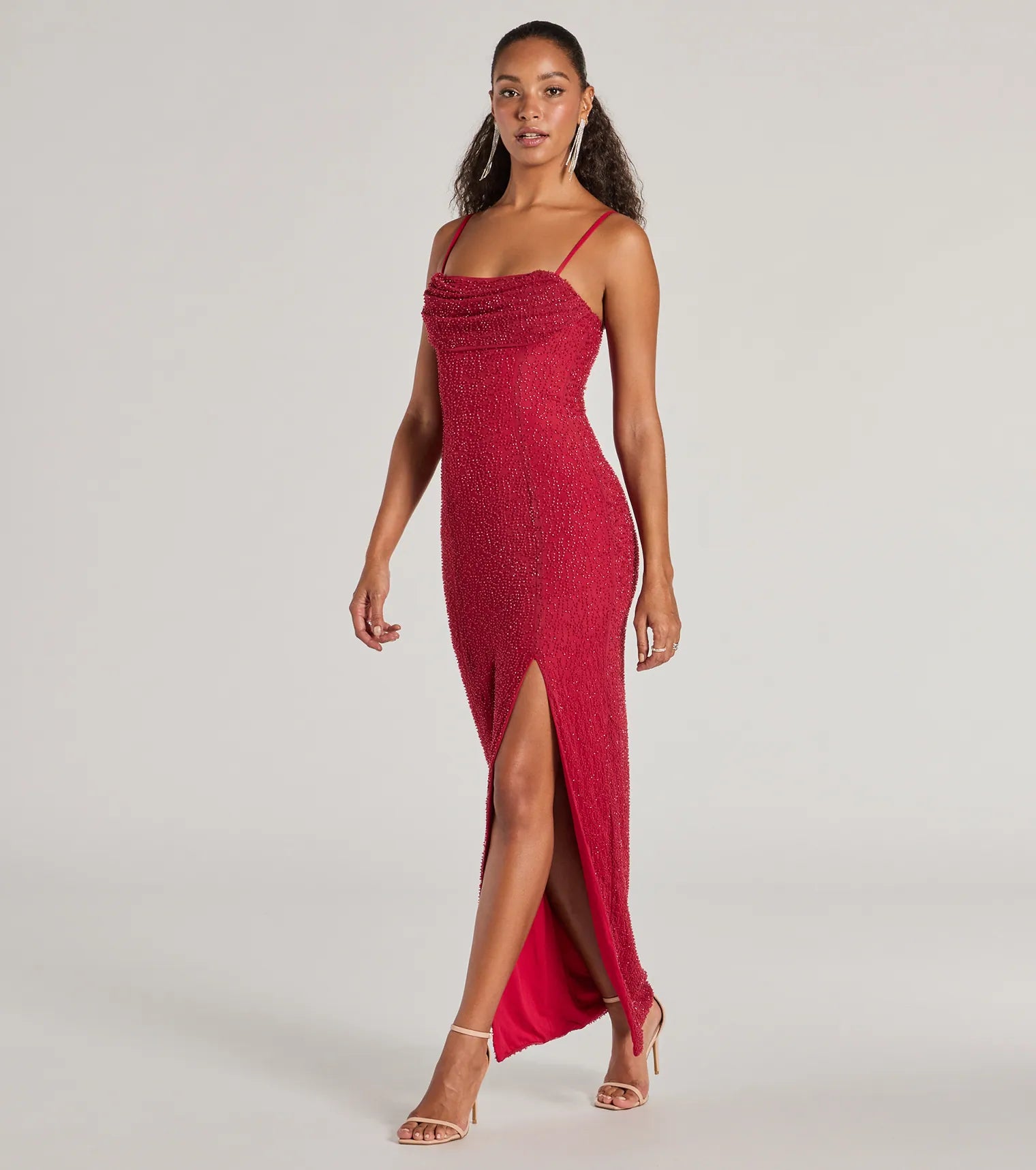 Klara Cowl Neck Faux Pearl Bead Column Dress