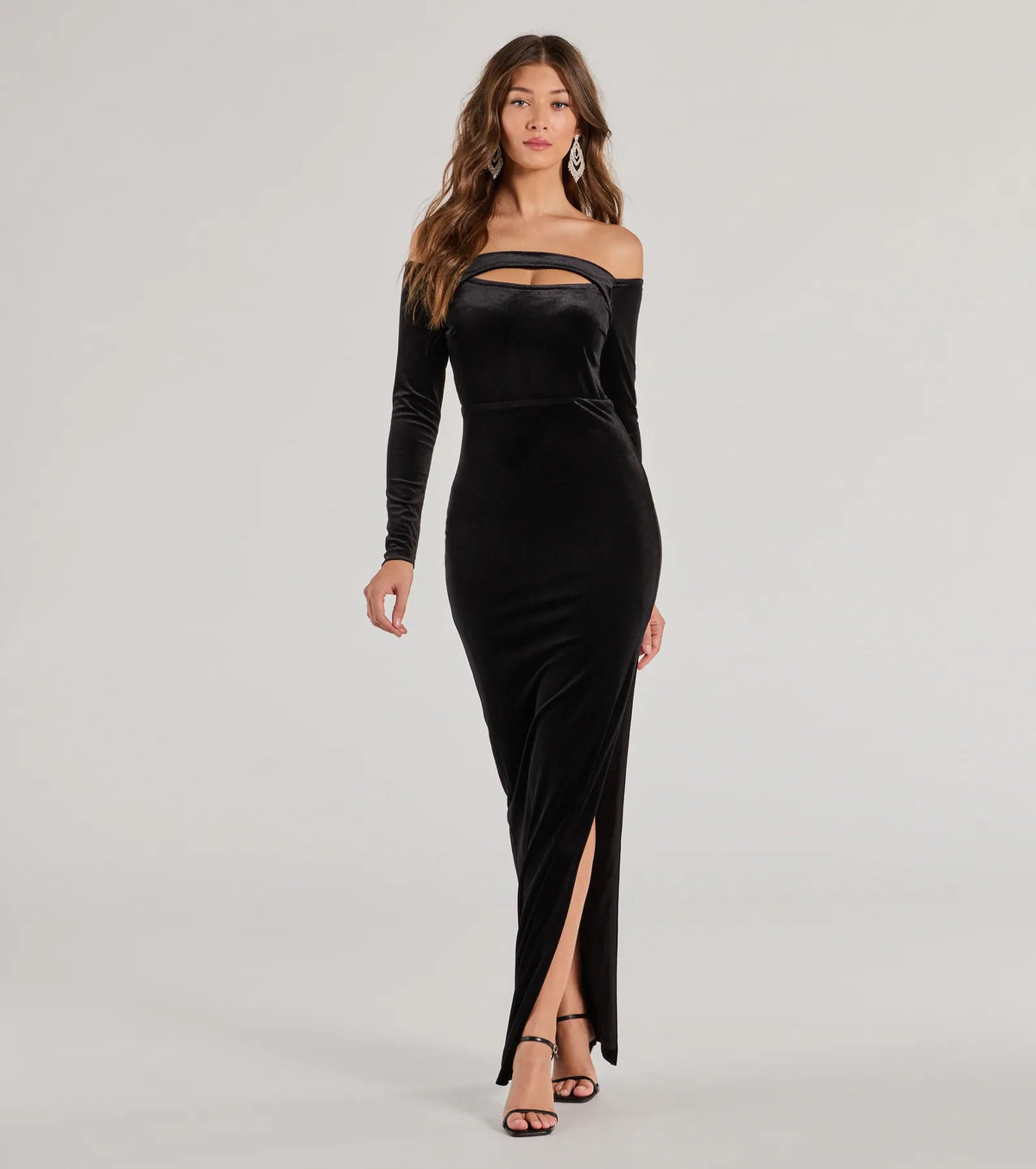 Rosalyn Velvet Off-The Shoulder Long Sleeve Column Dress