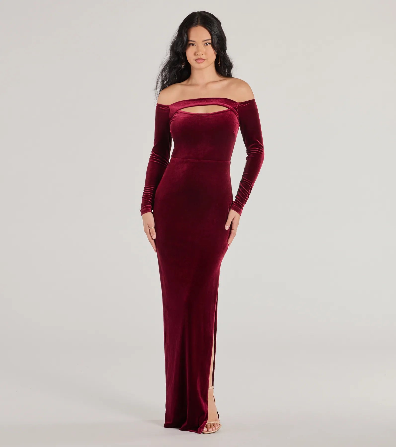 Rosalyn Velvet Off-The Shoulder Long Sleeve Column Dress