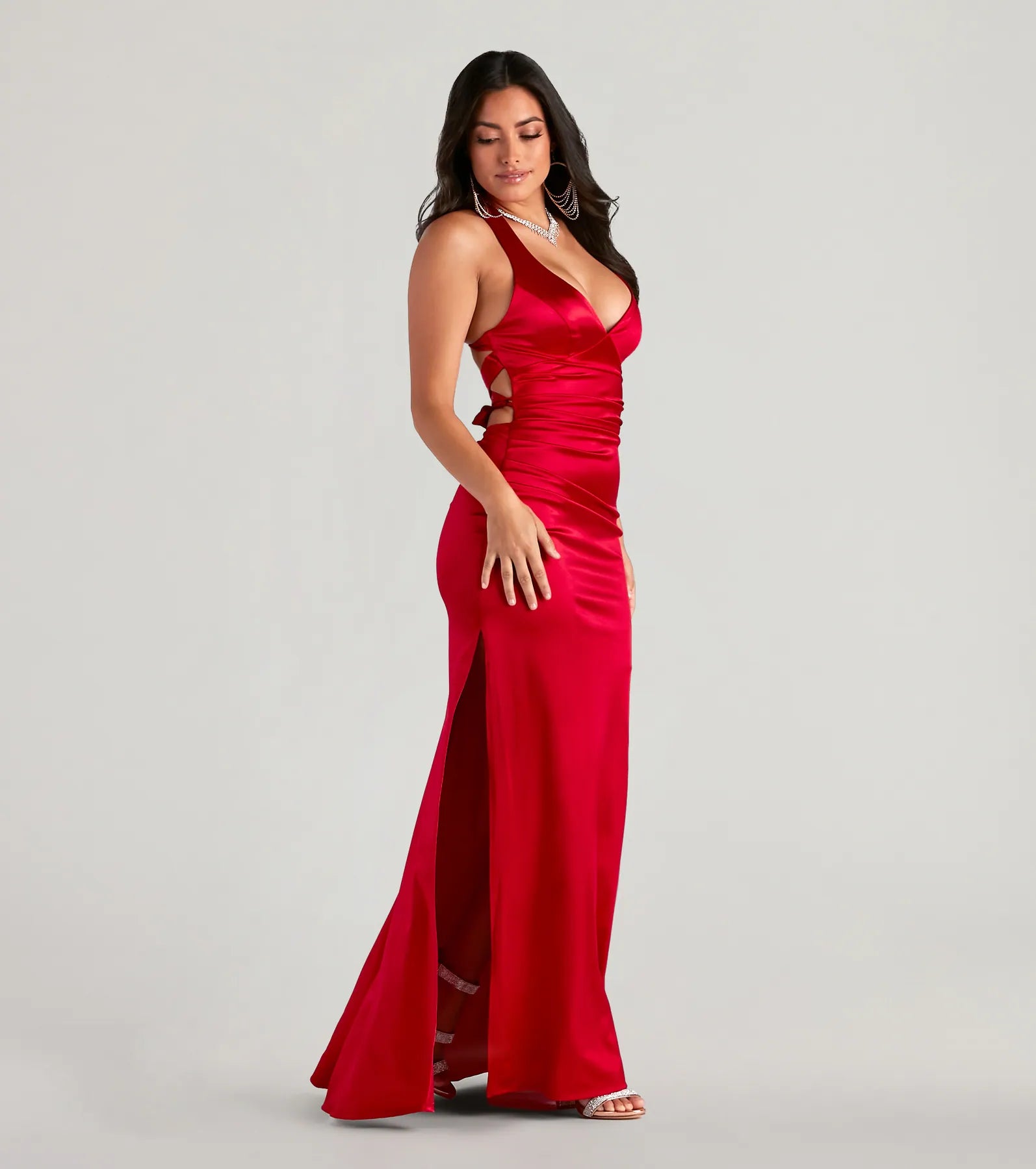 Jamie Lace-Up Satin Formal Column Dress
