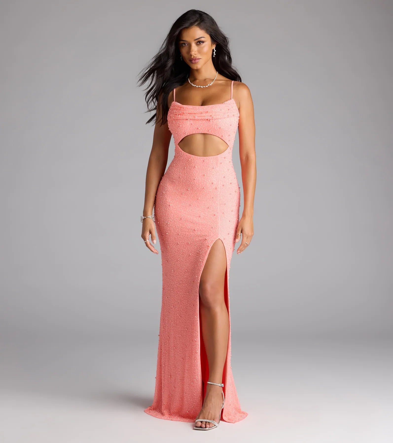 Marine Cutout Slit Mermaid Beaded Formal Dress