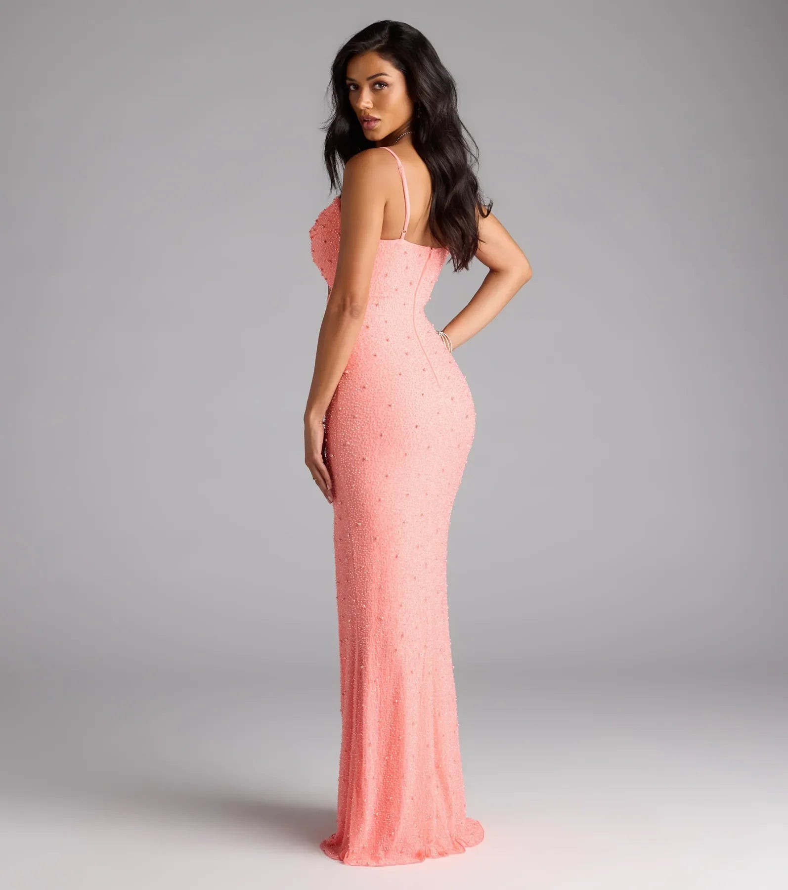 Marine Cutout Slit Mermaid Beaded Formal Dress