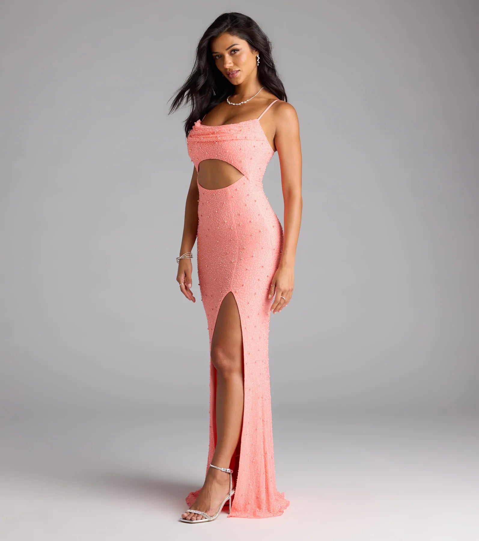 Marine Cutout Slit Mermaid Beaded Formal Dress