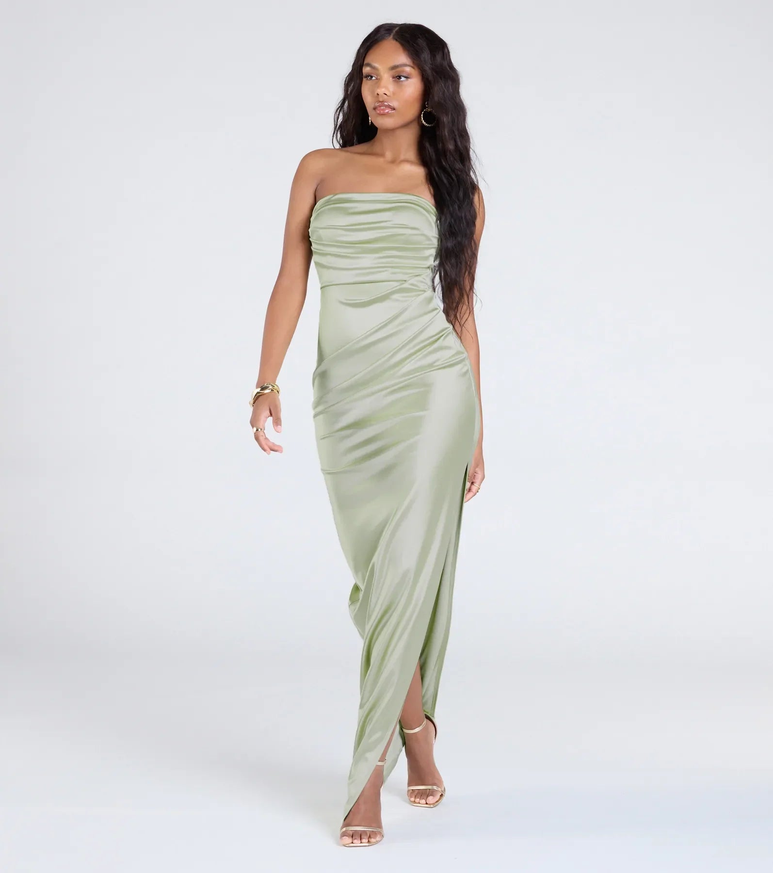 Brianna Satin Strapless High Slit Column Dress