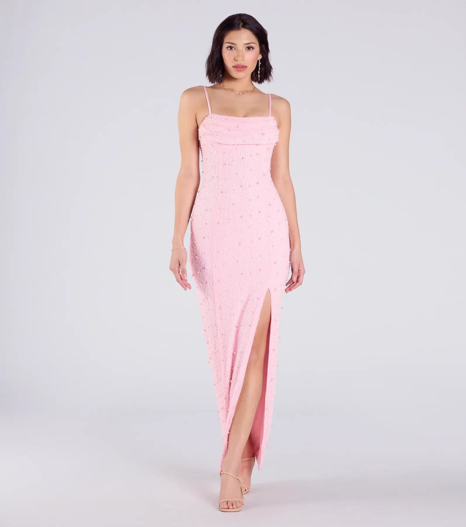 Klara Cowl Neck Faux Pearl Bead Column Dress