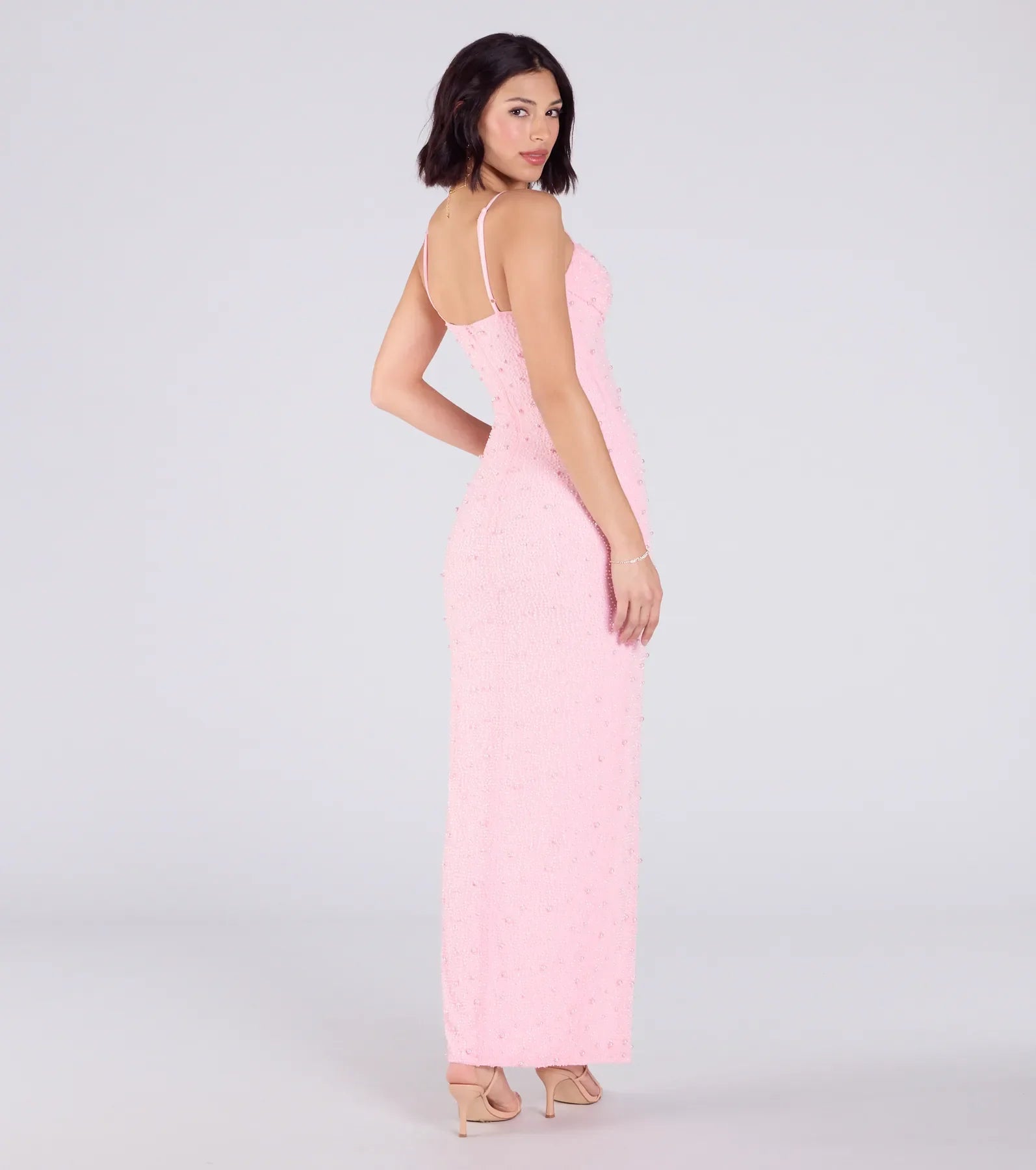 Klara Cowl Neck Faux Pearl Bead Column Dress