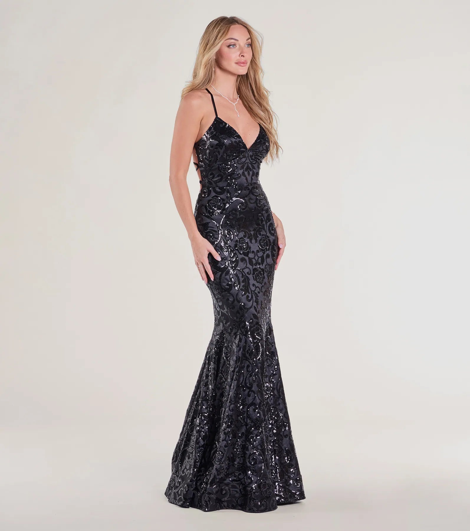 Saskia Lace-Up Mermaid Sequin Satin Formal Dress