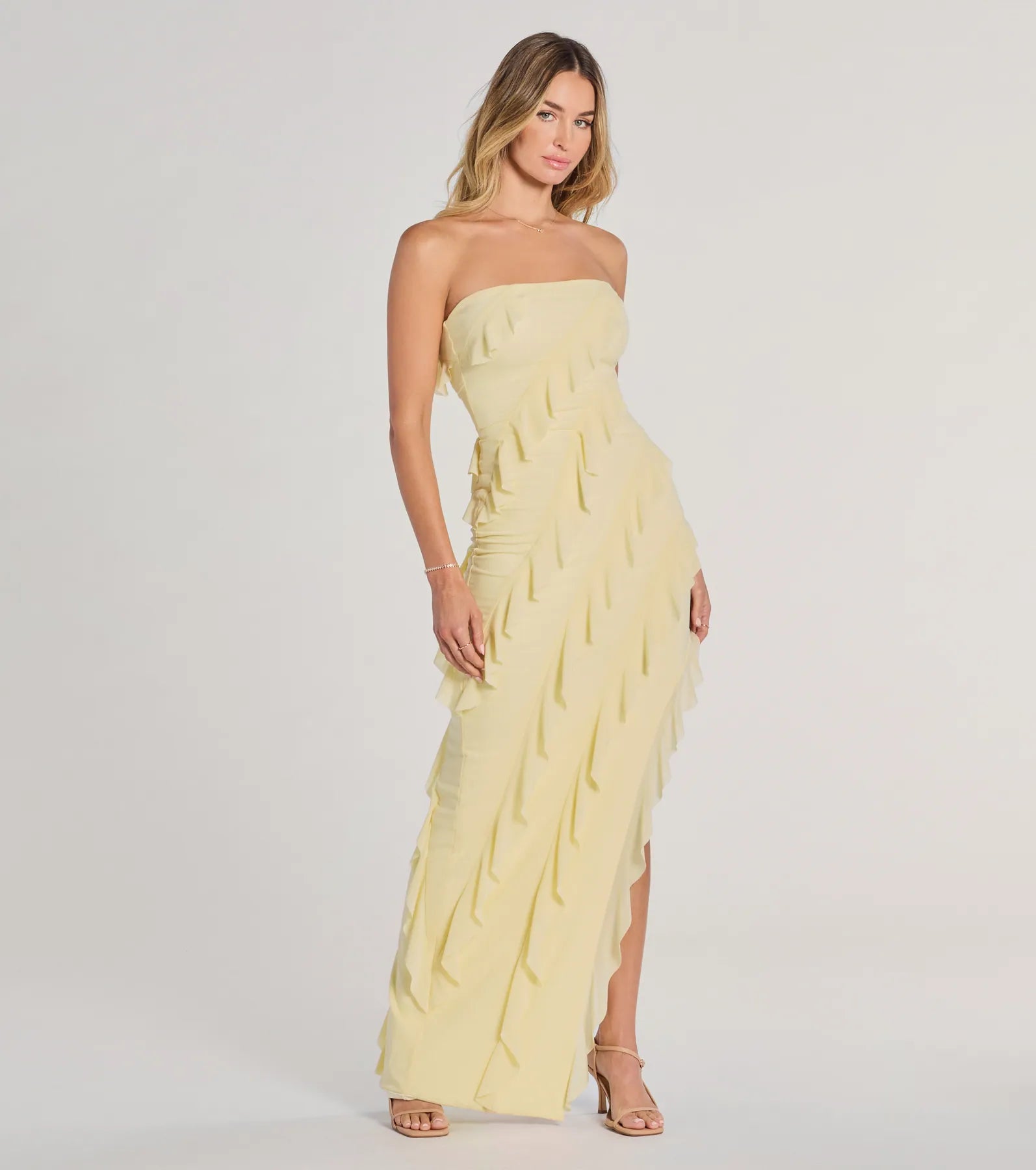 Gabby Formal Mesh Strapless Ruffle Long Dress