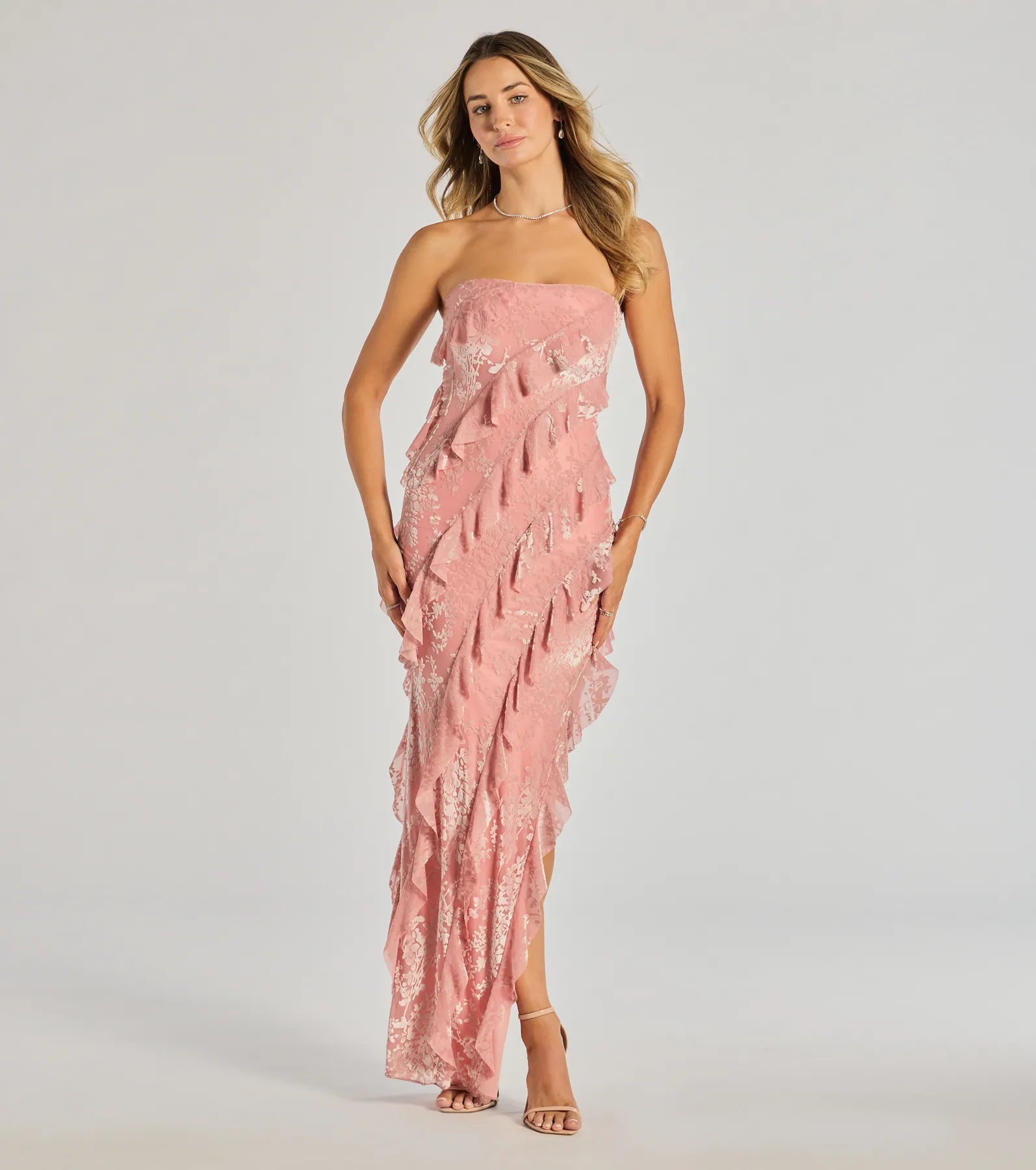Brie Strapless Ruffled Slit Column Dress