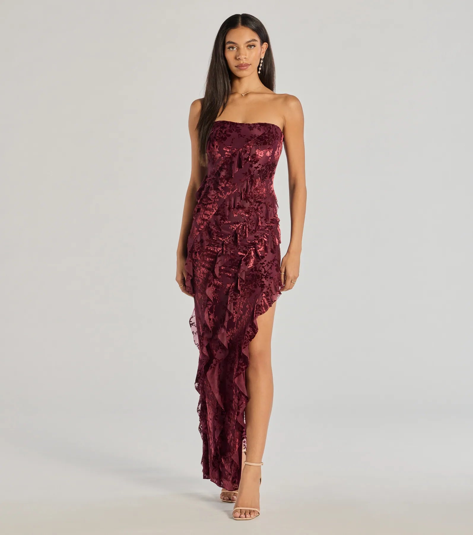 Brie Strapless Ruffled Slit Column Dress