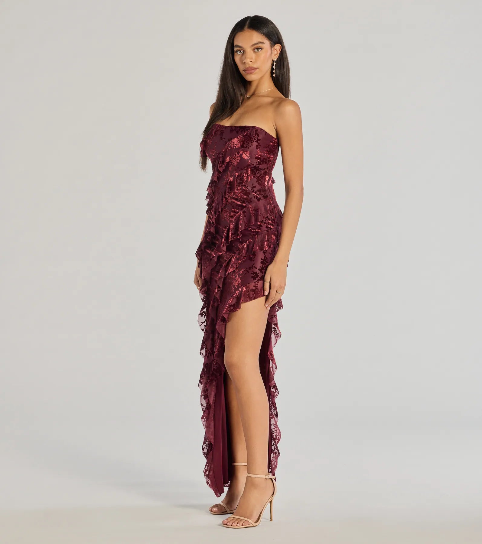 Brie Strapless Ruffled Slit Column Dress