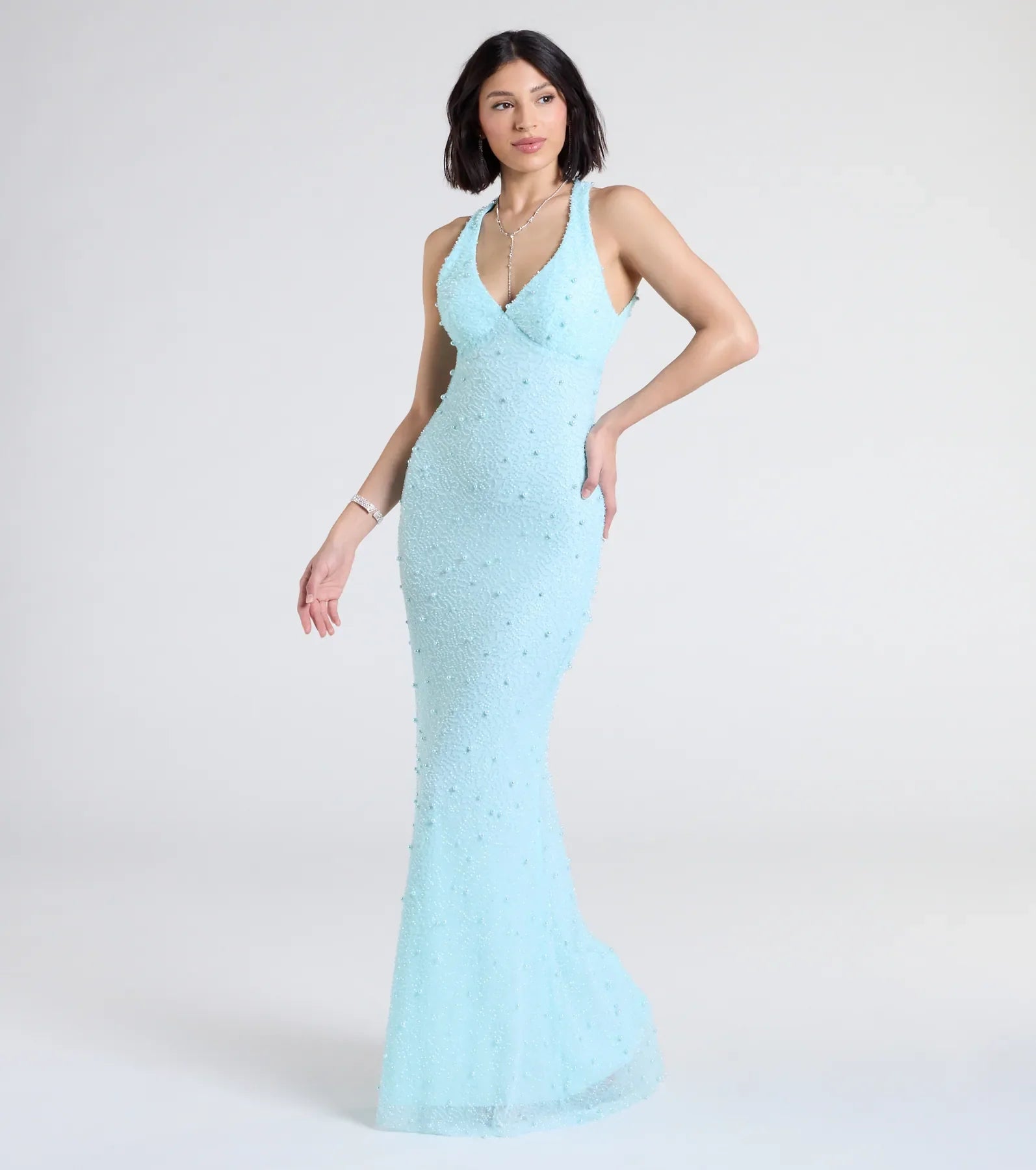 Tyra Halter Open Back Pearl Mermaid Formal Dress