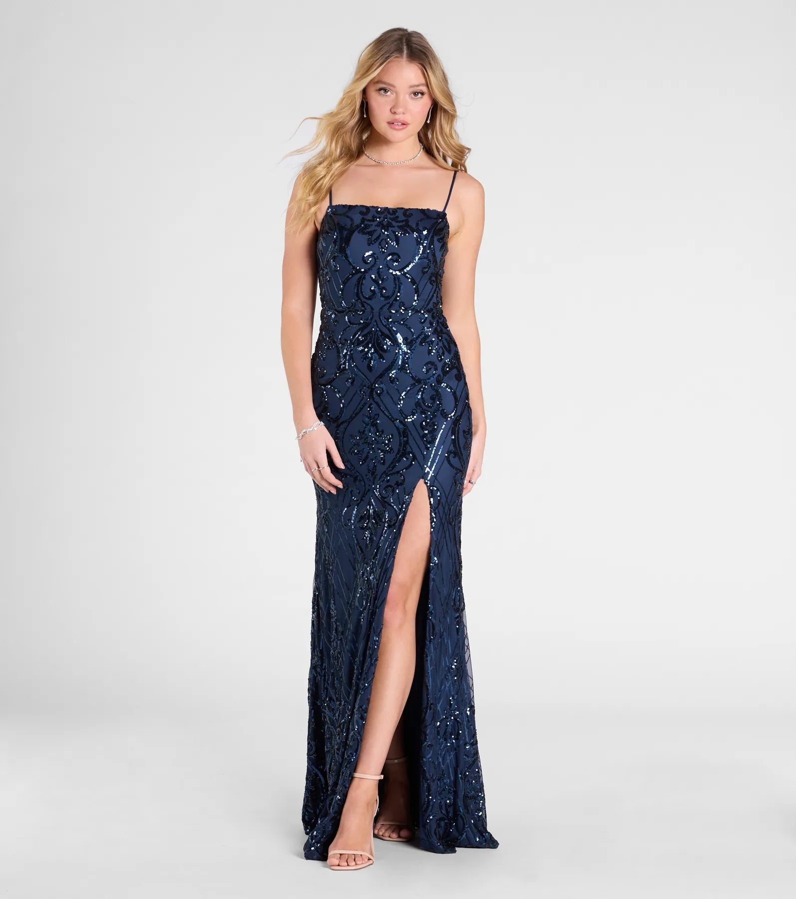 Jillian Sequin Slit Long Formal Dress
