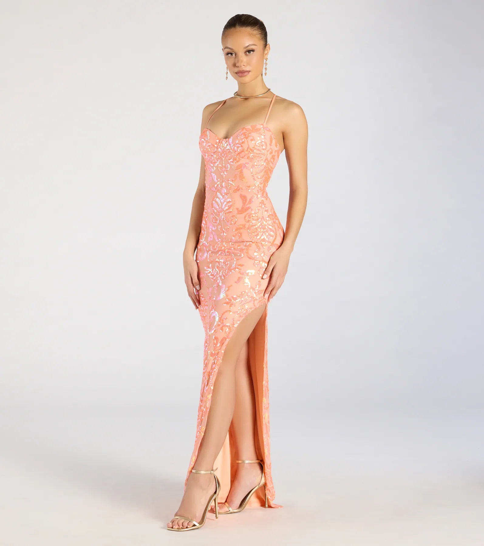 Zadie Lace-Up High Slit Sequin Formal Dress