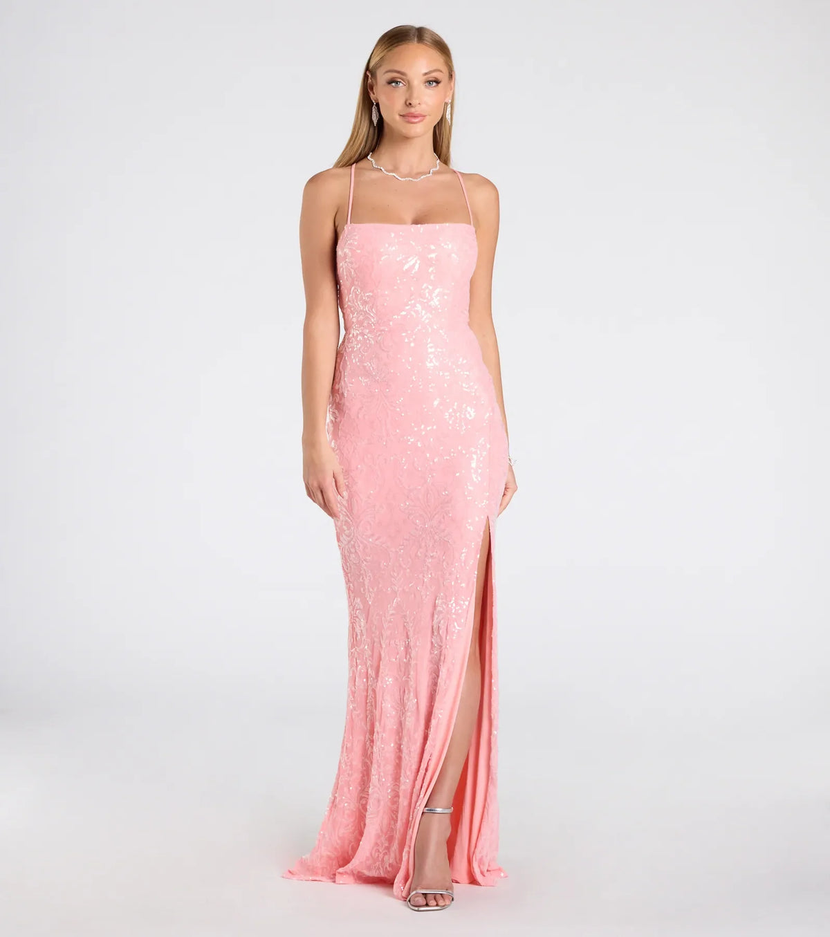 Mariah Lace-Up Slit Sequin Formal Dress
