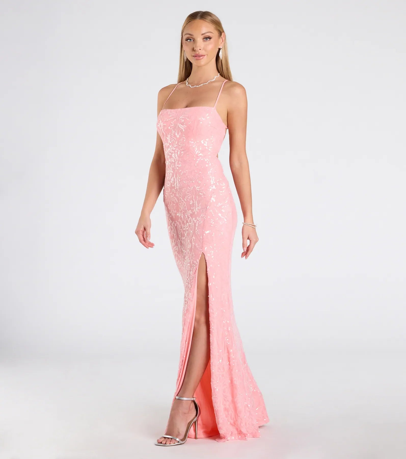 Mariah Lace-Up Slit Sequin Formal Dress