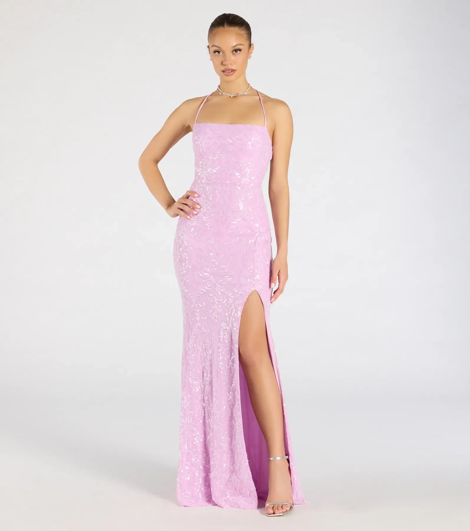 Mariah Lace-Up Slit Sequin Formal Dress