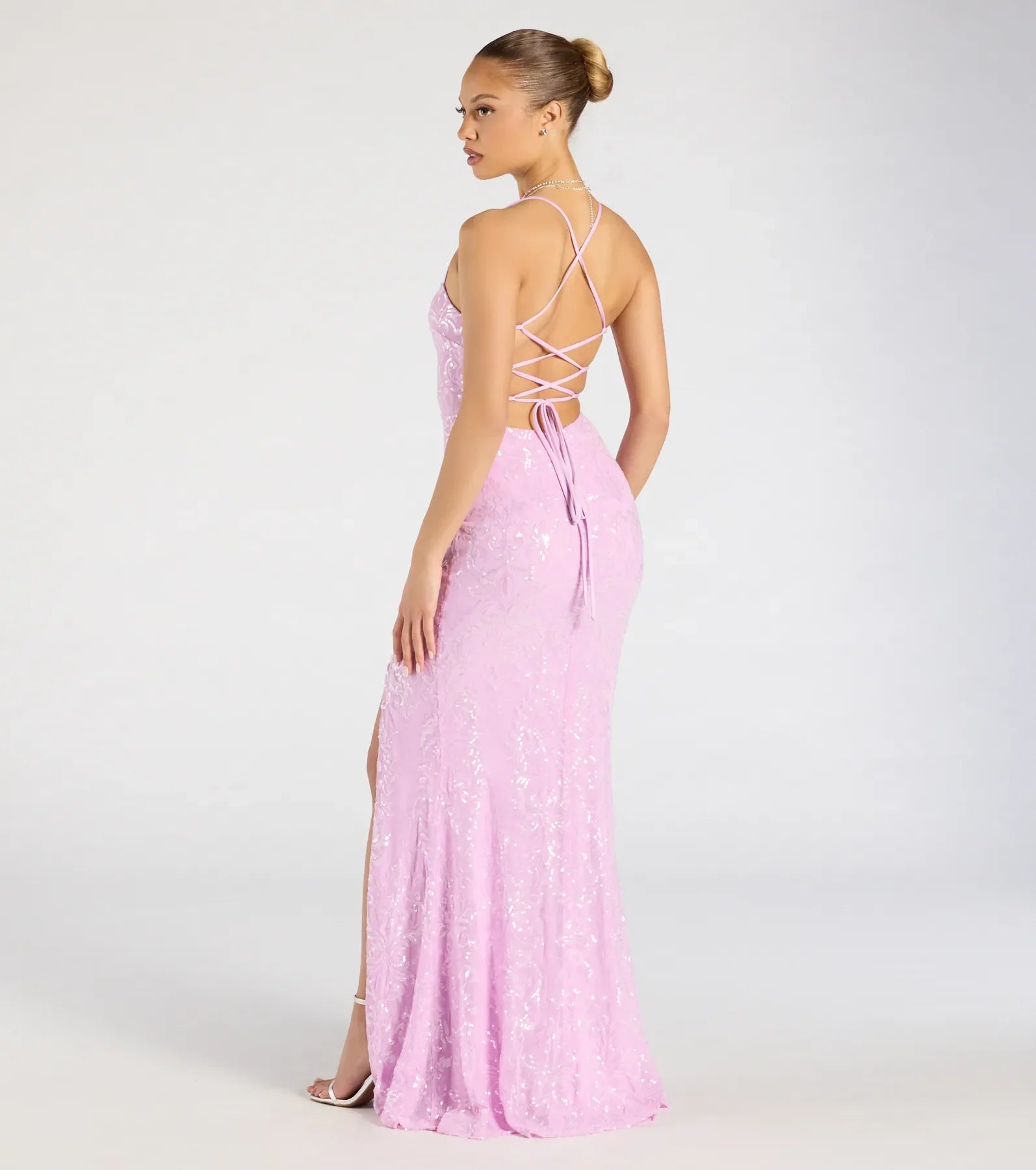 Mariah Lace-Up Slit Sequin Formal Dress