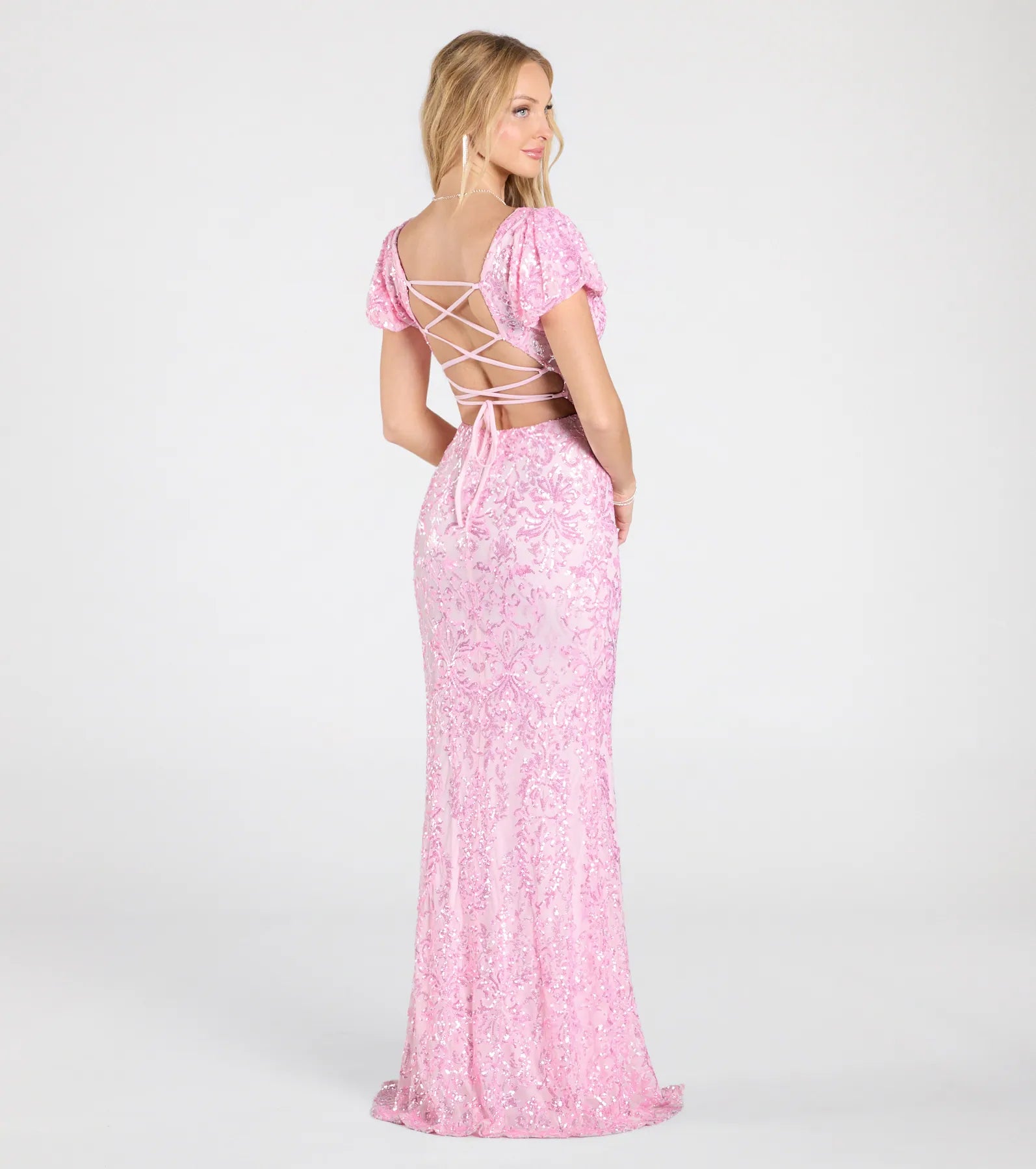 Amber Puff Sleeve Lace-Up Slit Sequin Formal Dress