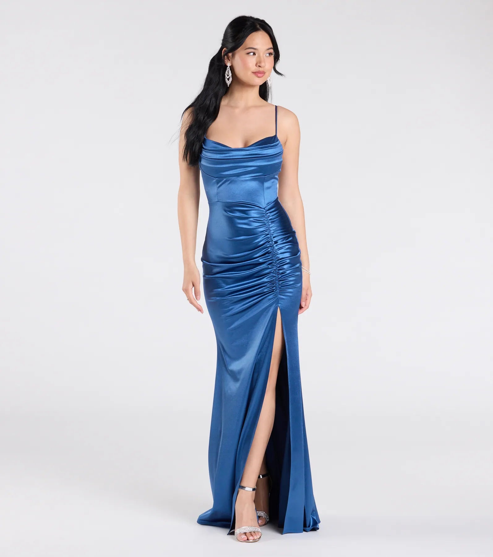Jazmine Cowl Neck Slit A-Line Satin Formal Dress