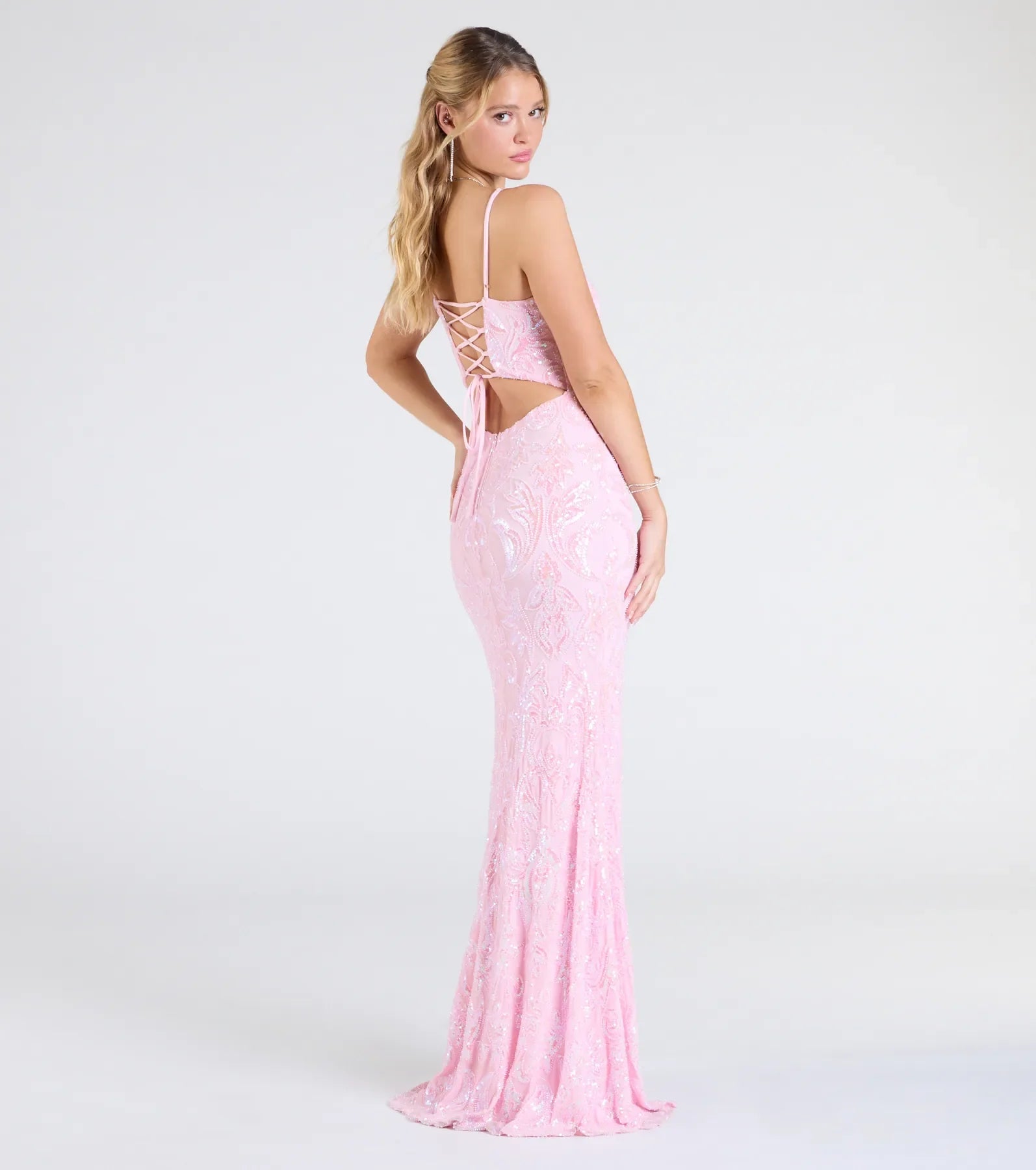Tarna Lace-Up Bead Sequin Mermaid Formal Dress