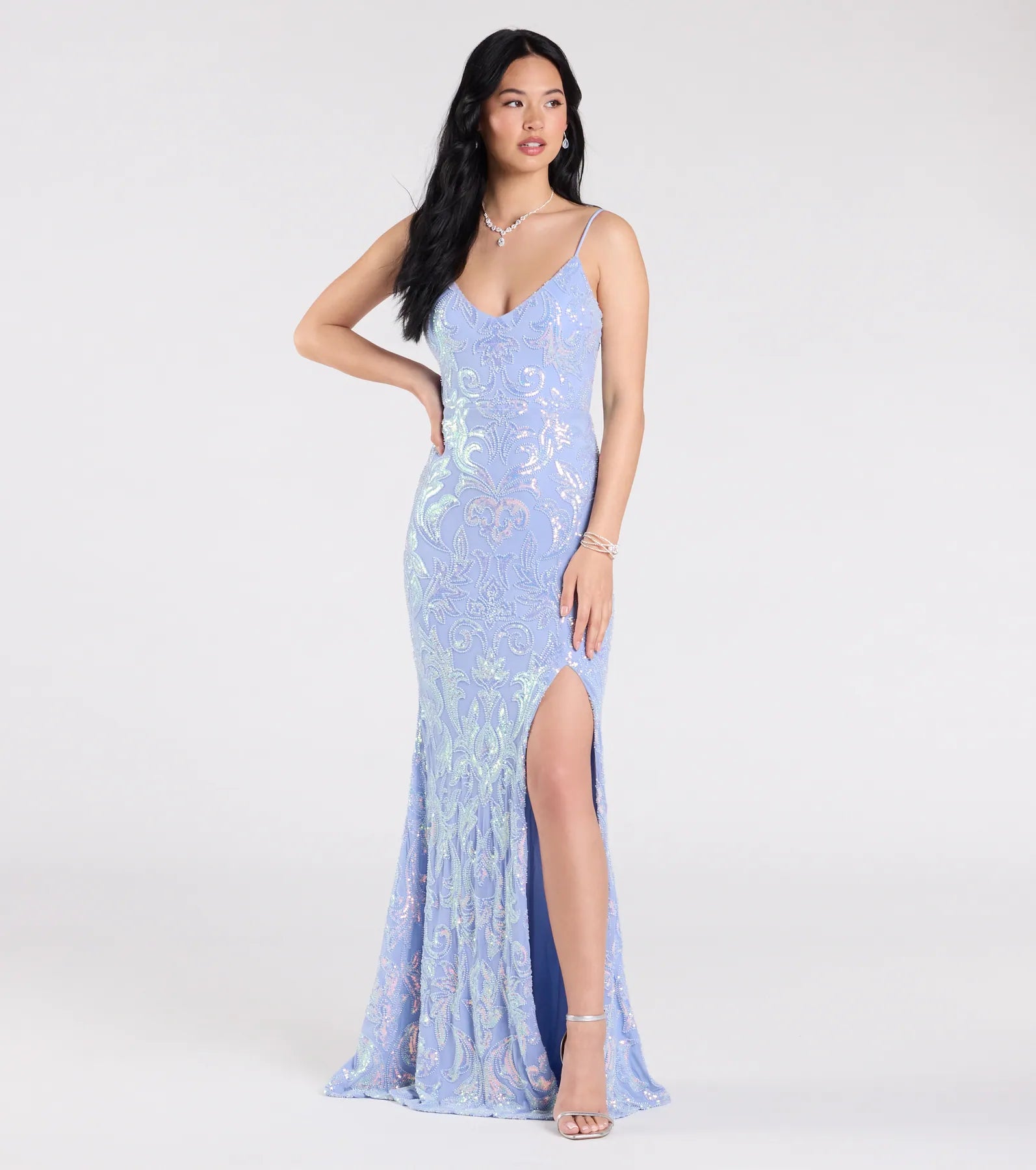 Tarna Lace-Up Bead Sequin Mermaid Formal Dress