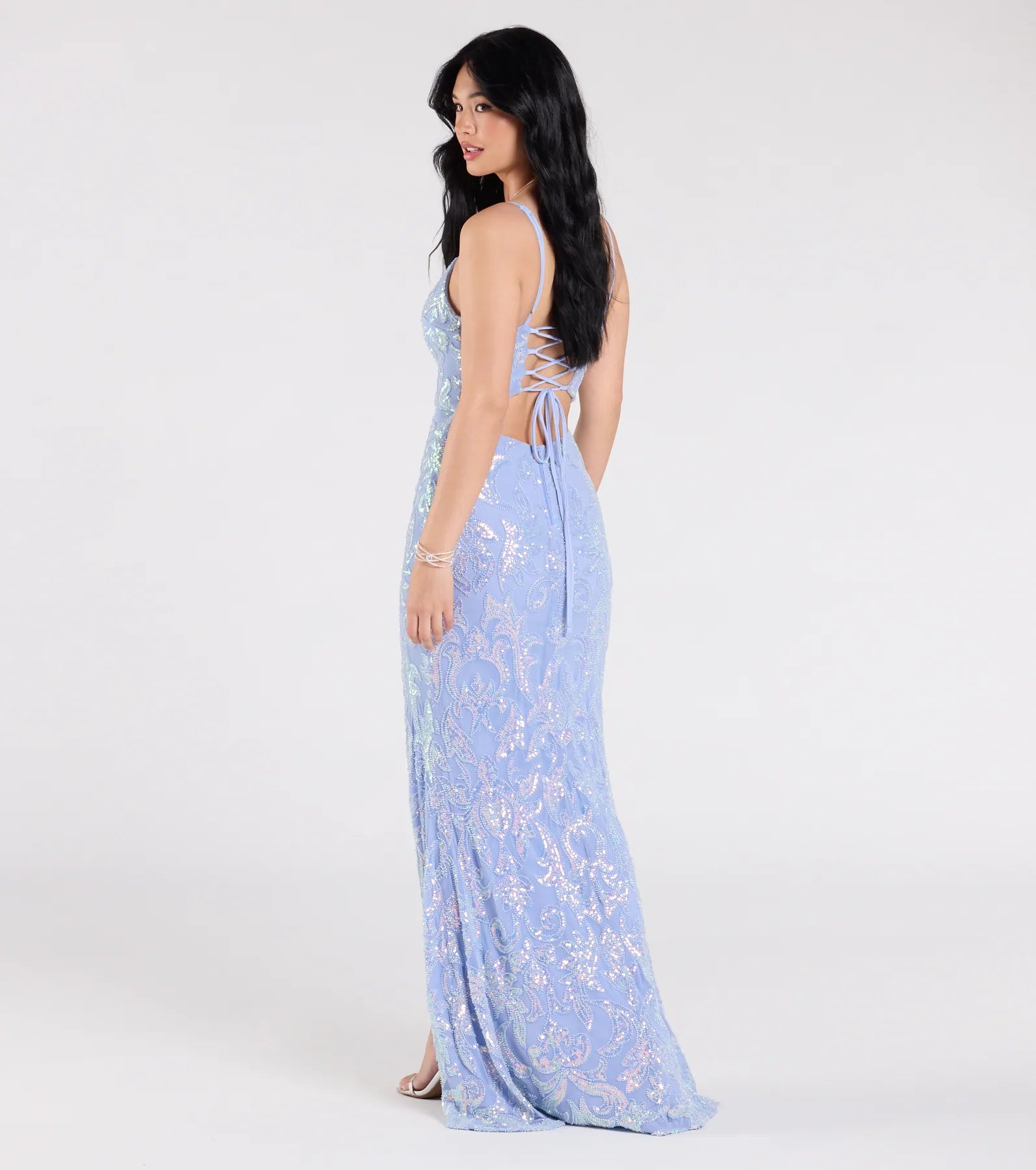 Tarna Lace-Up Bead Sequin Mermaid Formal Dress