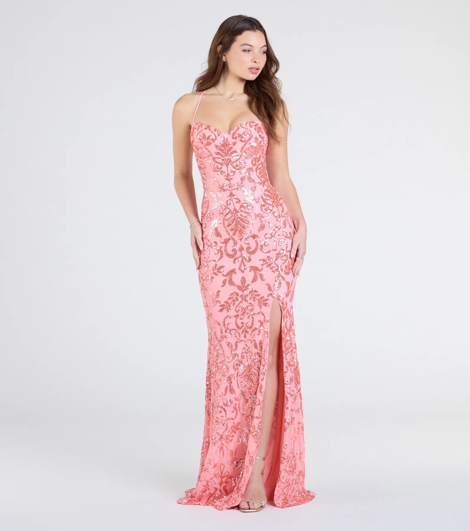 Shelby Lace-Up Slit Sequin Formal Dress