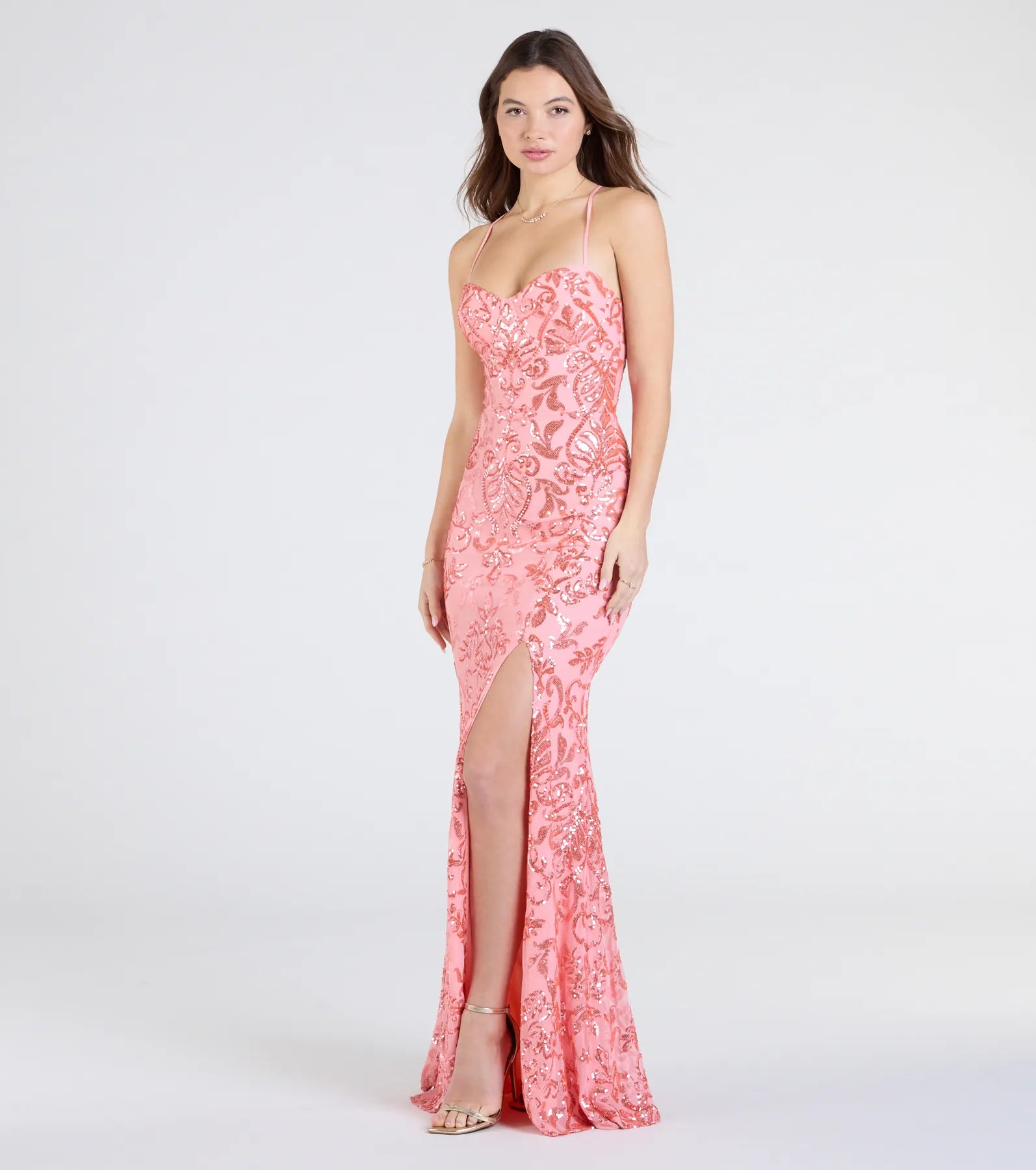Shelby Lace-Up Slit Sequin Formal Dress