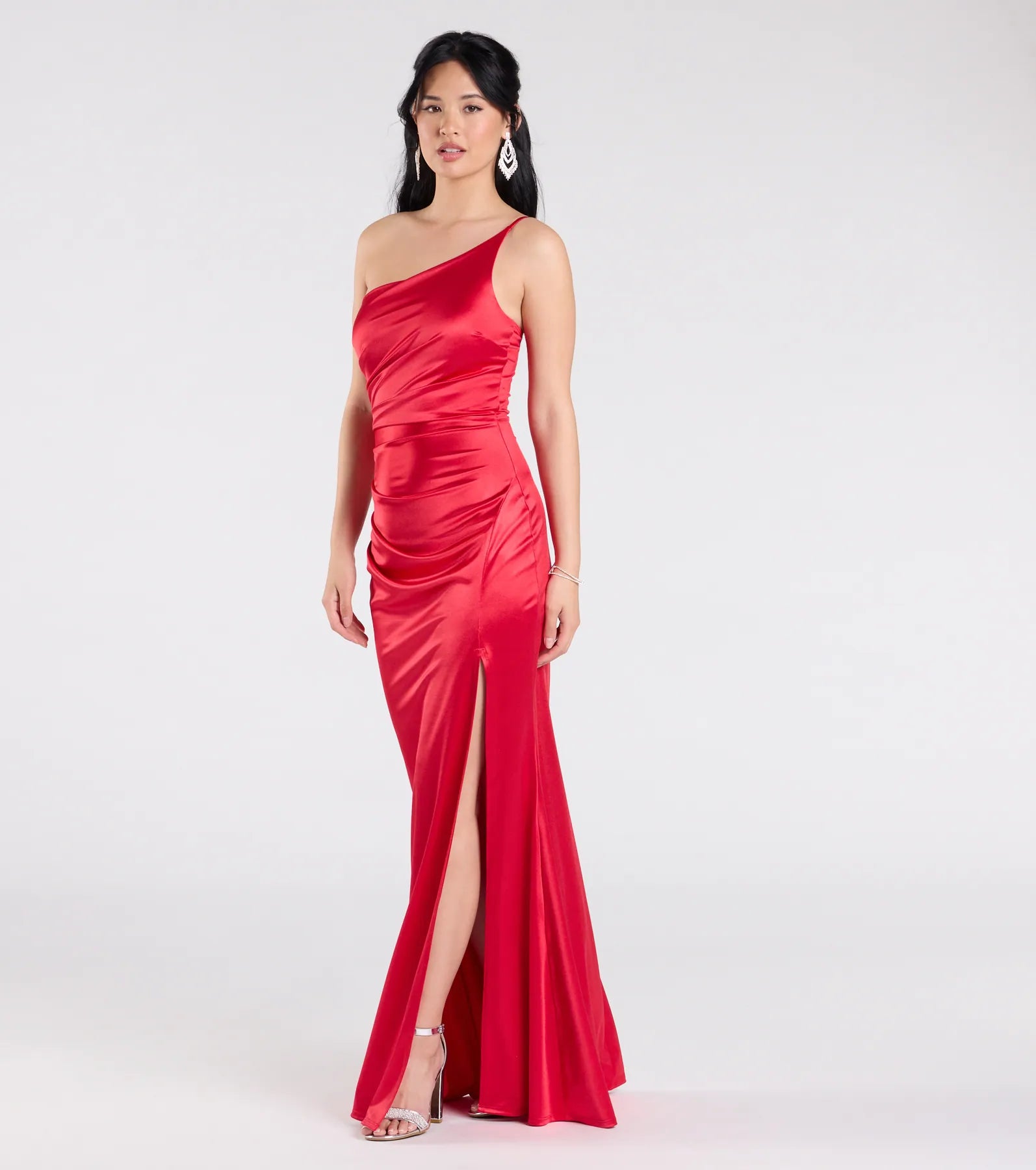 Contessa One-Shoulder Slit Satin Formal Dress