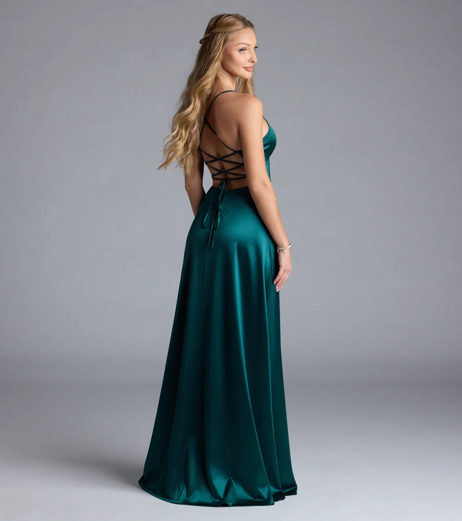 Lynnea Lace-Up Slit A-Line Satin Formal Dress