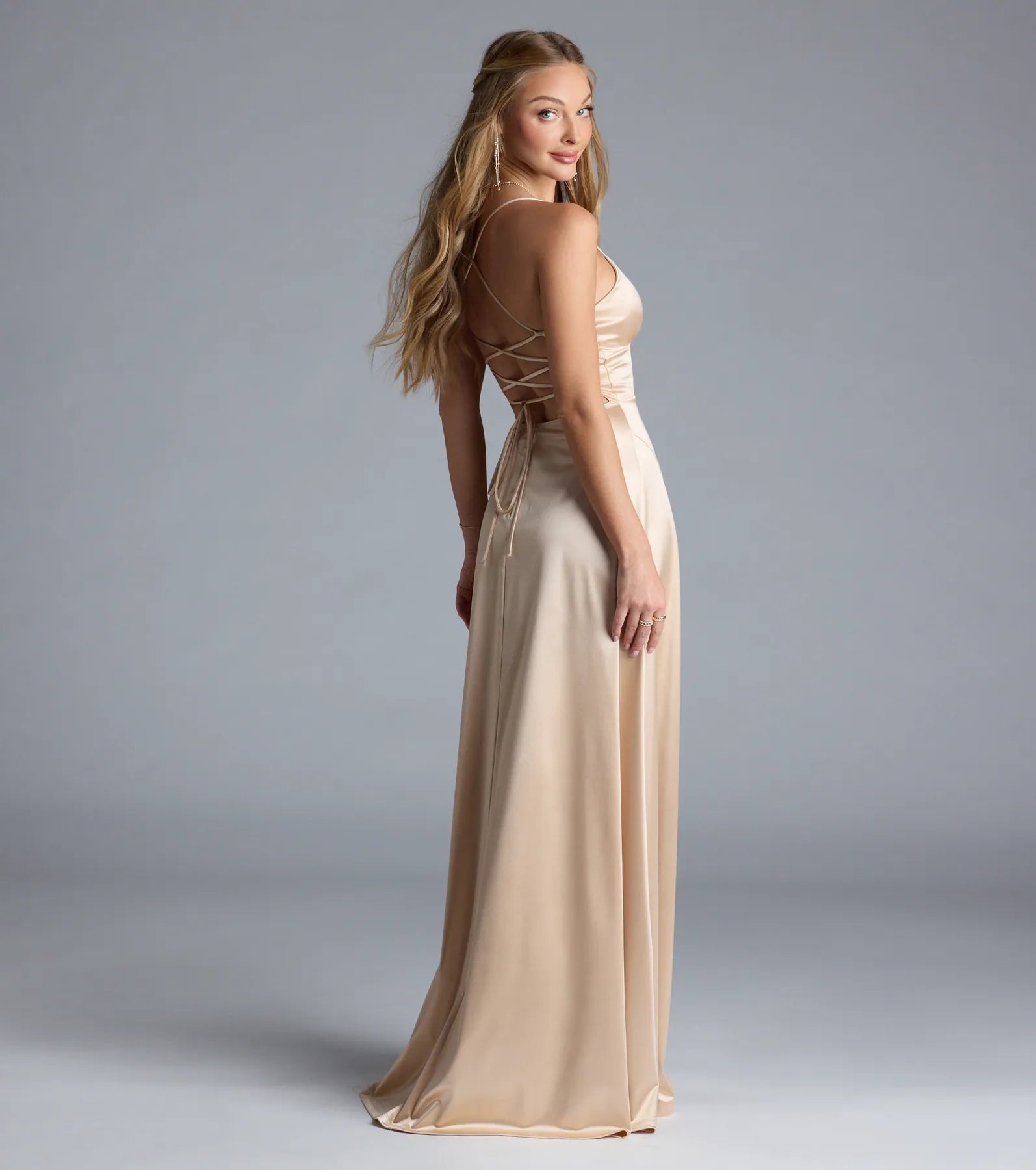 Lynnea Lace-Up Slit A-Line Satin Formal Dress