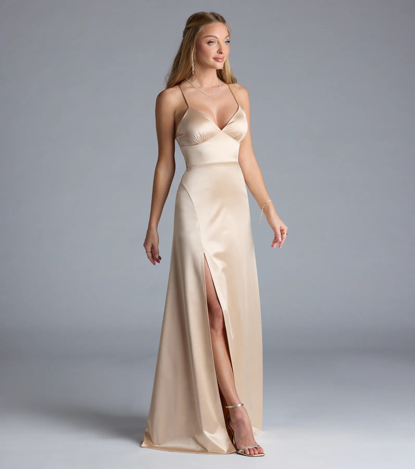 Lynnea Lace-Up Slit A-Line Satin Formal Dress