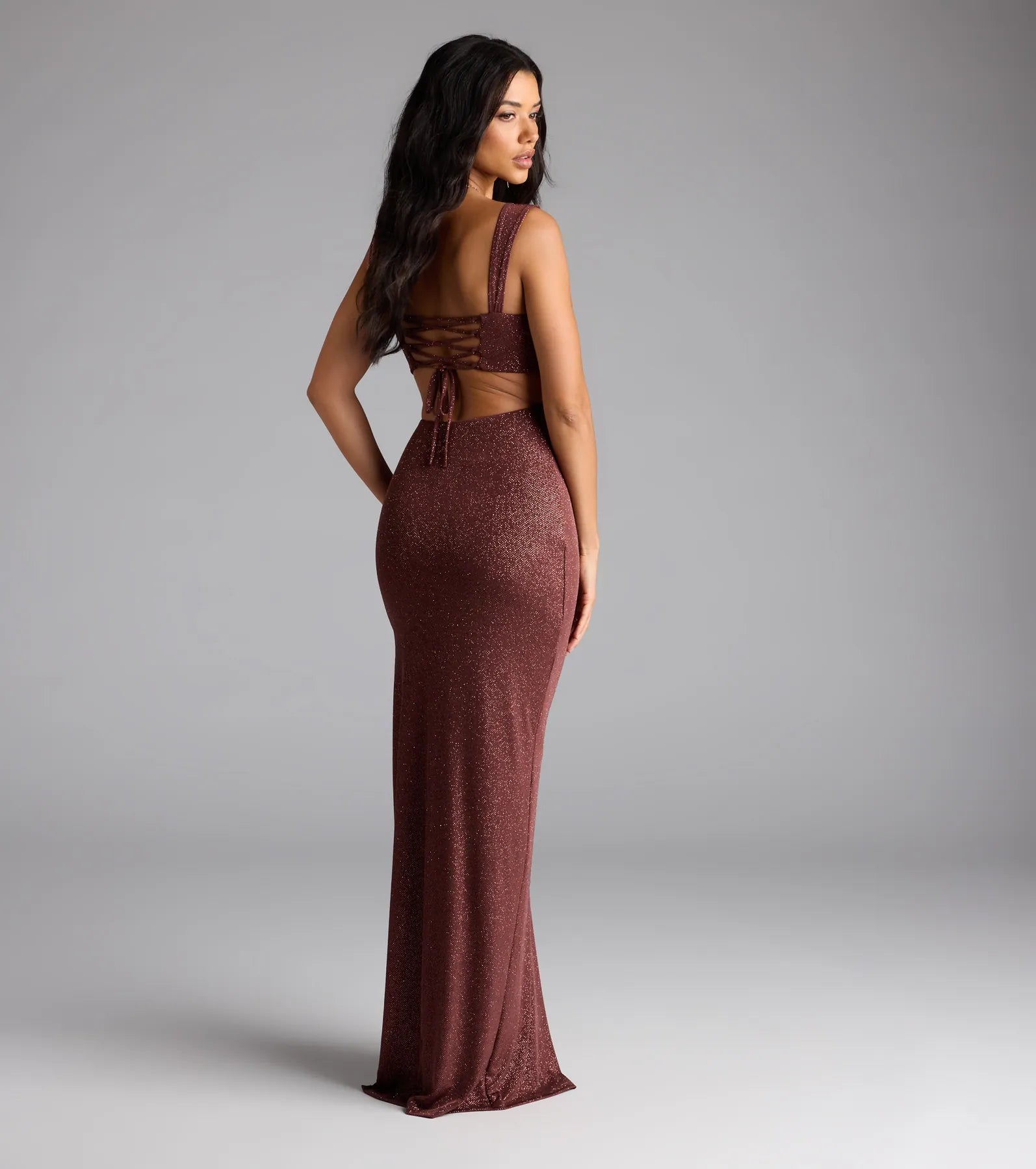 Brittney Lace-Up Slit Bodycon Glitter Formal Dress
