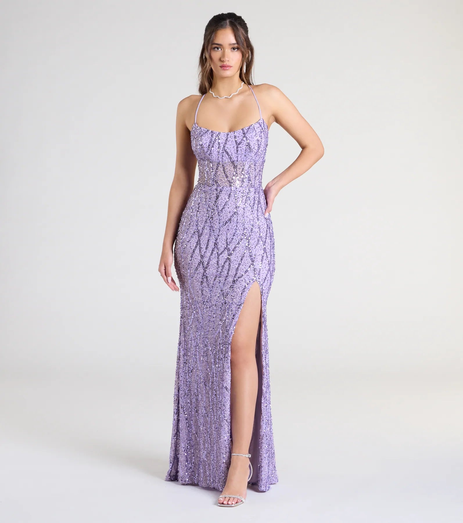 Meghan Lace-Up Corset Sequin Bead Formal Dress