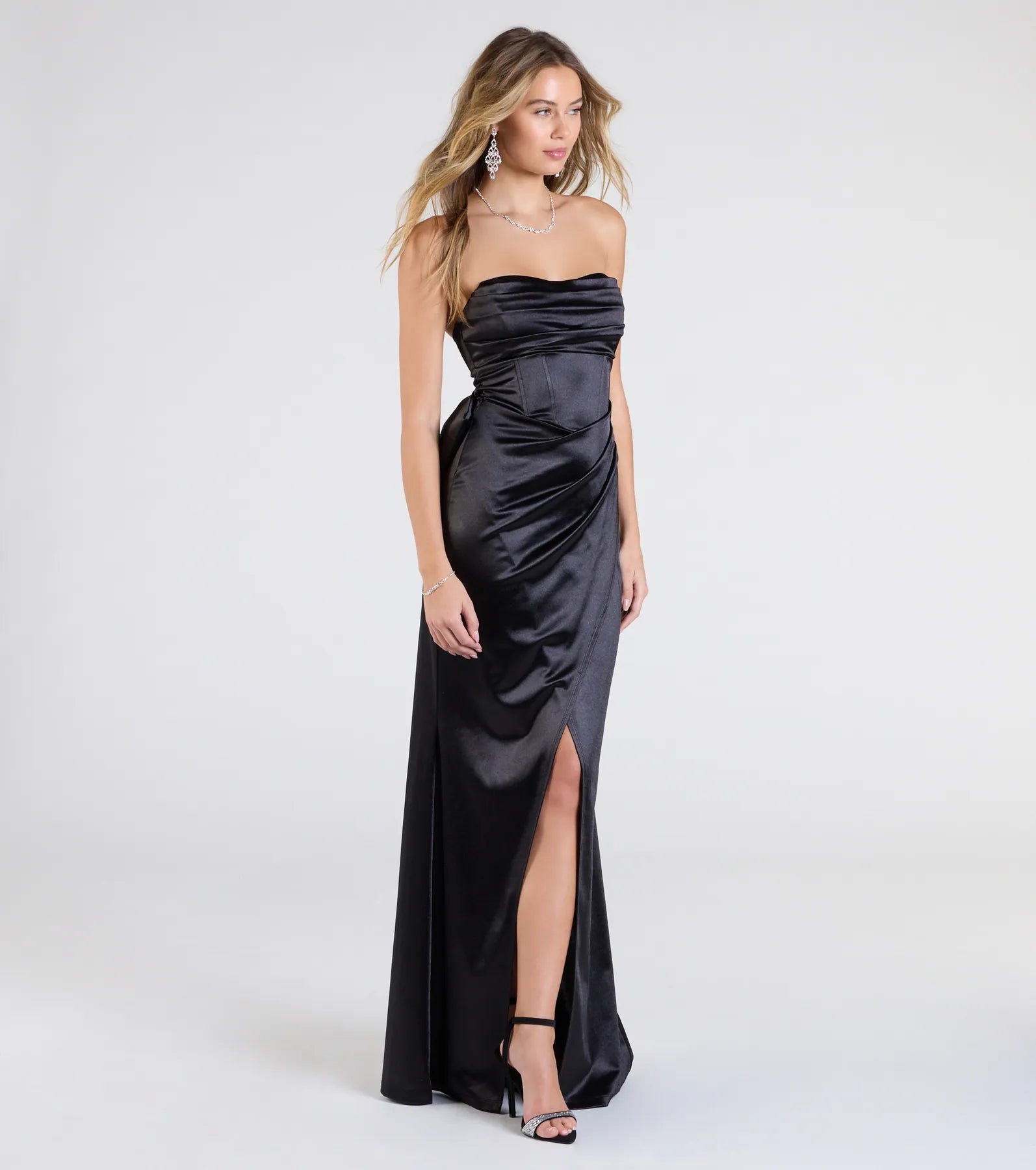 Mackenzie Strapless Corset Bow Satin Formal Dress
