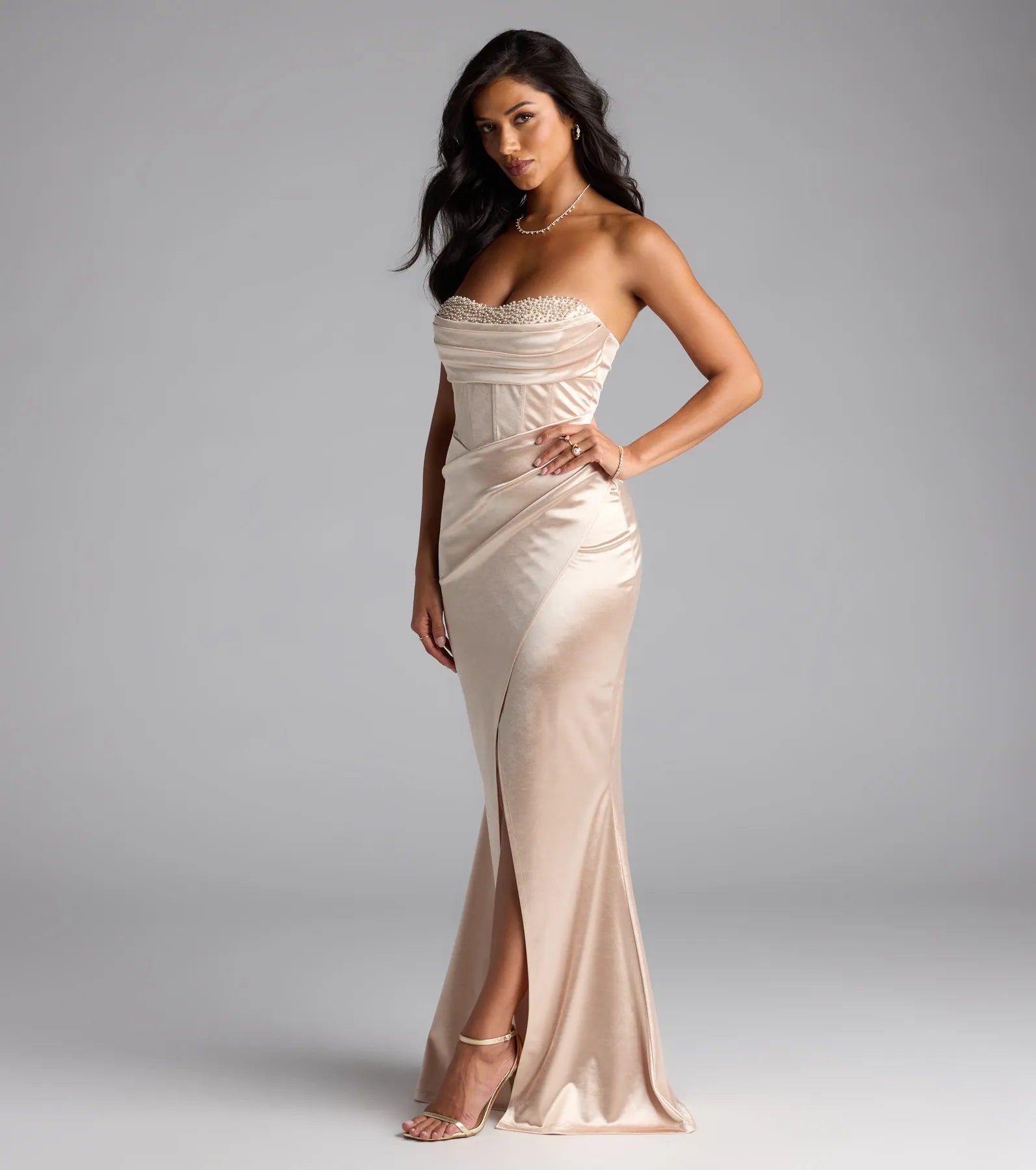 Loren Pearl Corset Slit Satin Formal Dress