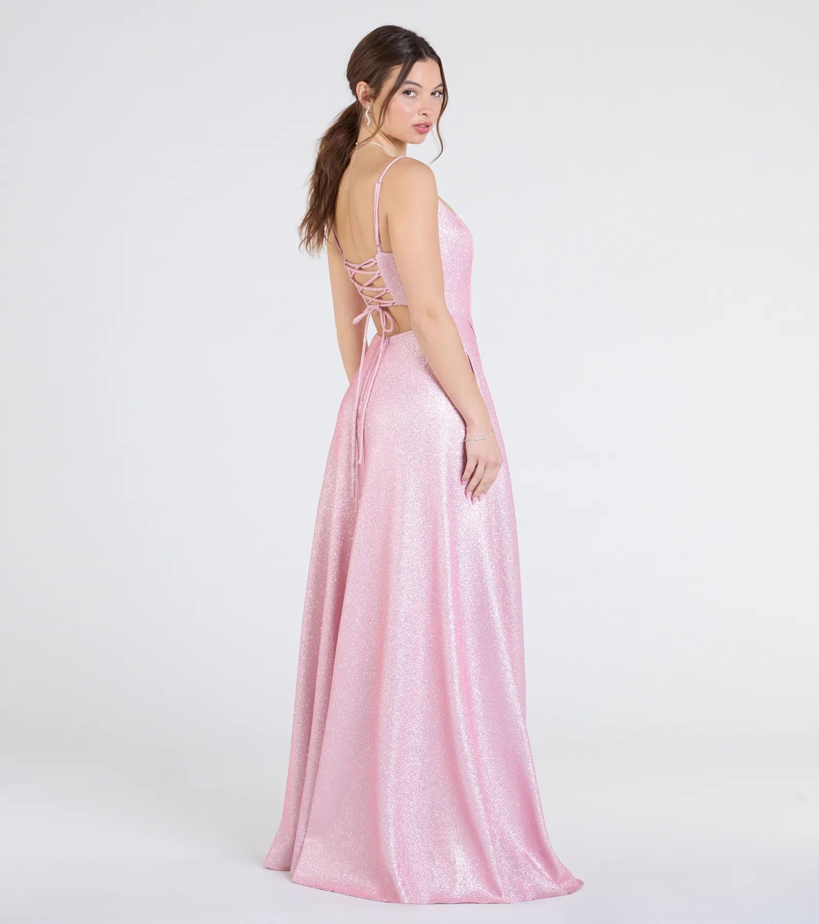 Minka Lace-Up Slit A-Line Glitter Formal Dress