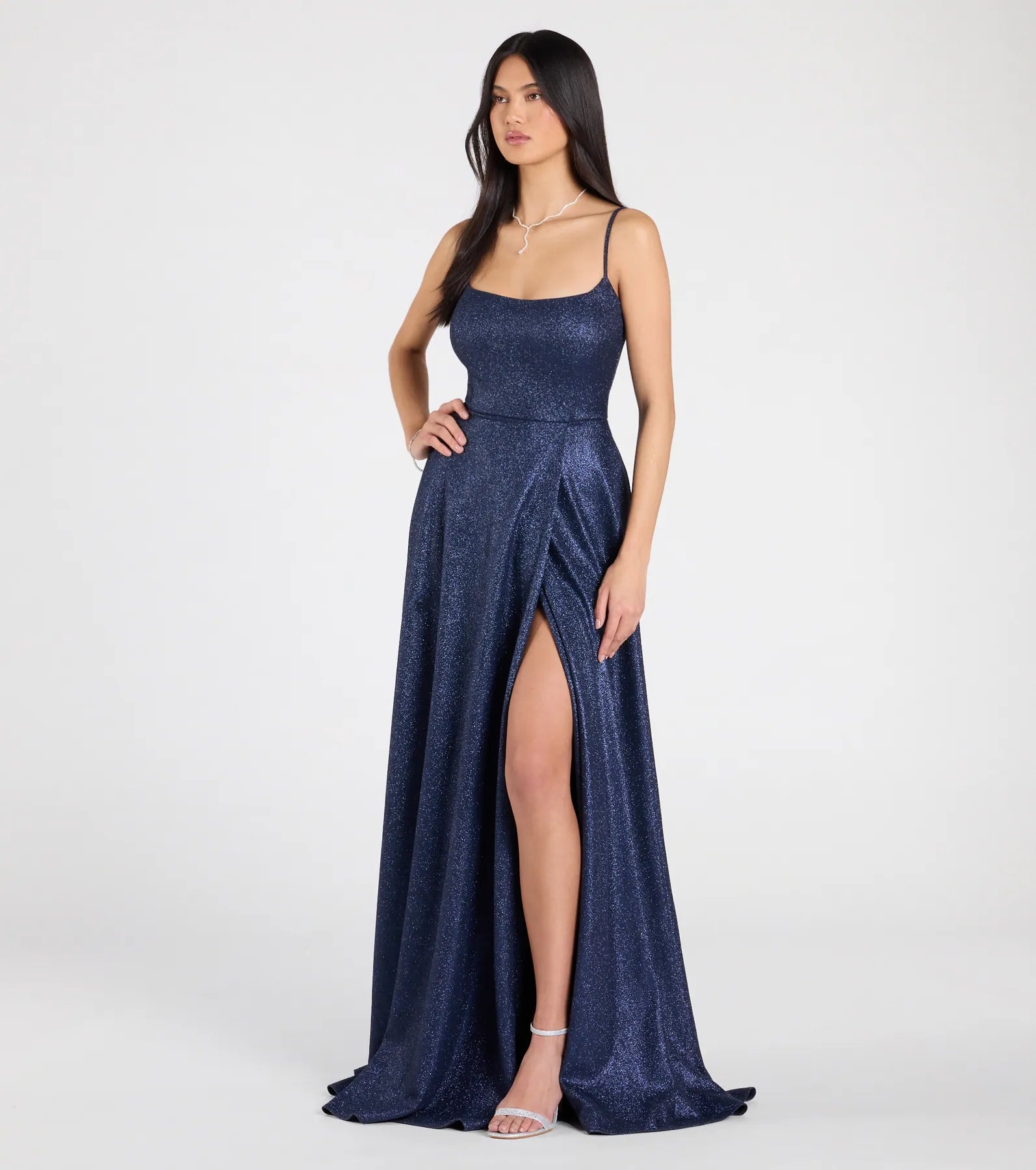 Minka Lace-Up Slit A-Line Glitter Formal Dress